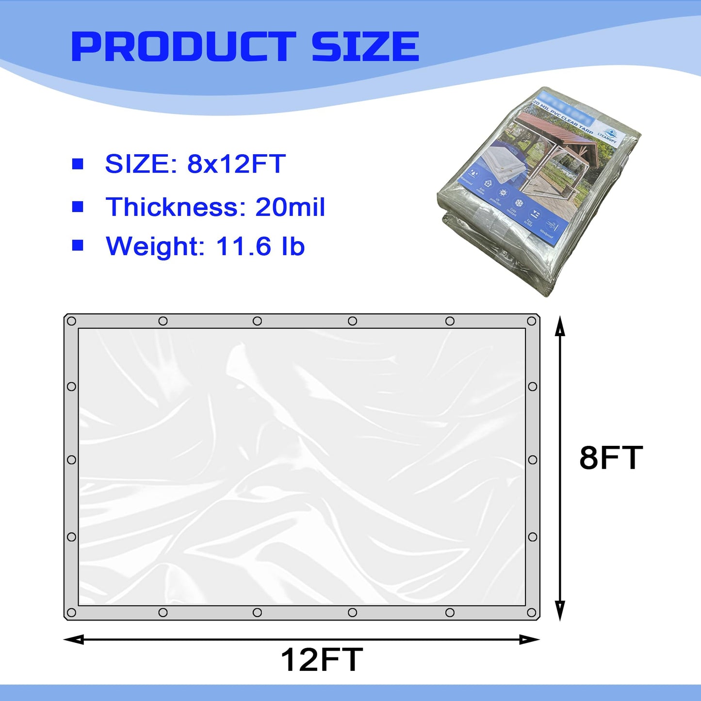 LTCANOPY Clear Tarp 8 x12FT, 20 Mil Clear Vinyl Tarp, Small Cover Plastic Sheeting with Grommets, Double-Stitched Reinforced Edges, Heavy Duty Tarps Waterproof and Tearproof