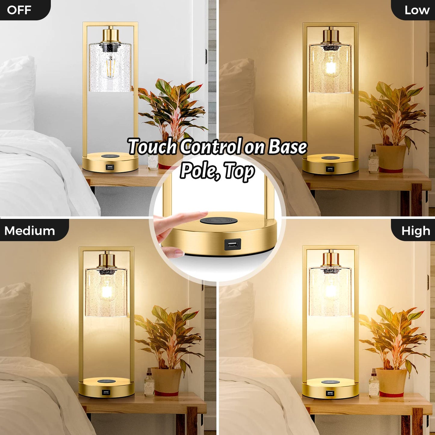 Gold Wireless Charging Lamps for Bedrooms Set of 2, Bedside Touch Table Lamps 3-Way Dimmable, Bubble Glass Lamp Sets for Living Room Nightstands End Tables Office, USB Port, E26 LED Bulbs Covered