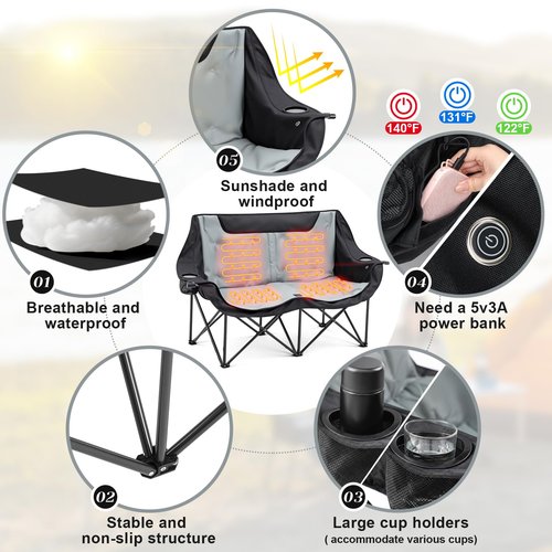 Low Double Heated Double Camping Chair for Adults, Oversized 660lbs Camping Chair with 4 Heating Zones & 3 Heat Levels Folding Seat with Padded for Outdoor Sports Lawn Hunting, Use 5v/3a Power Bank