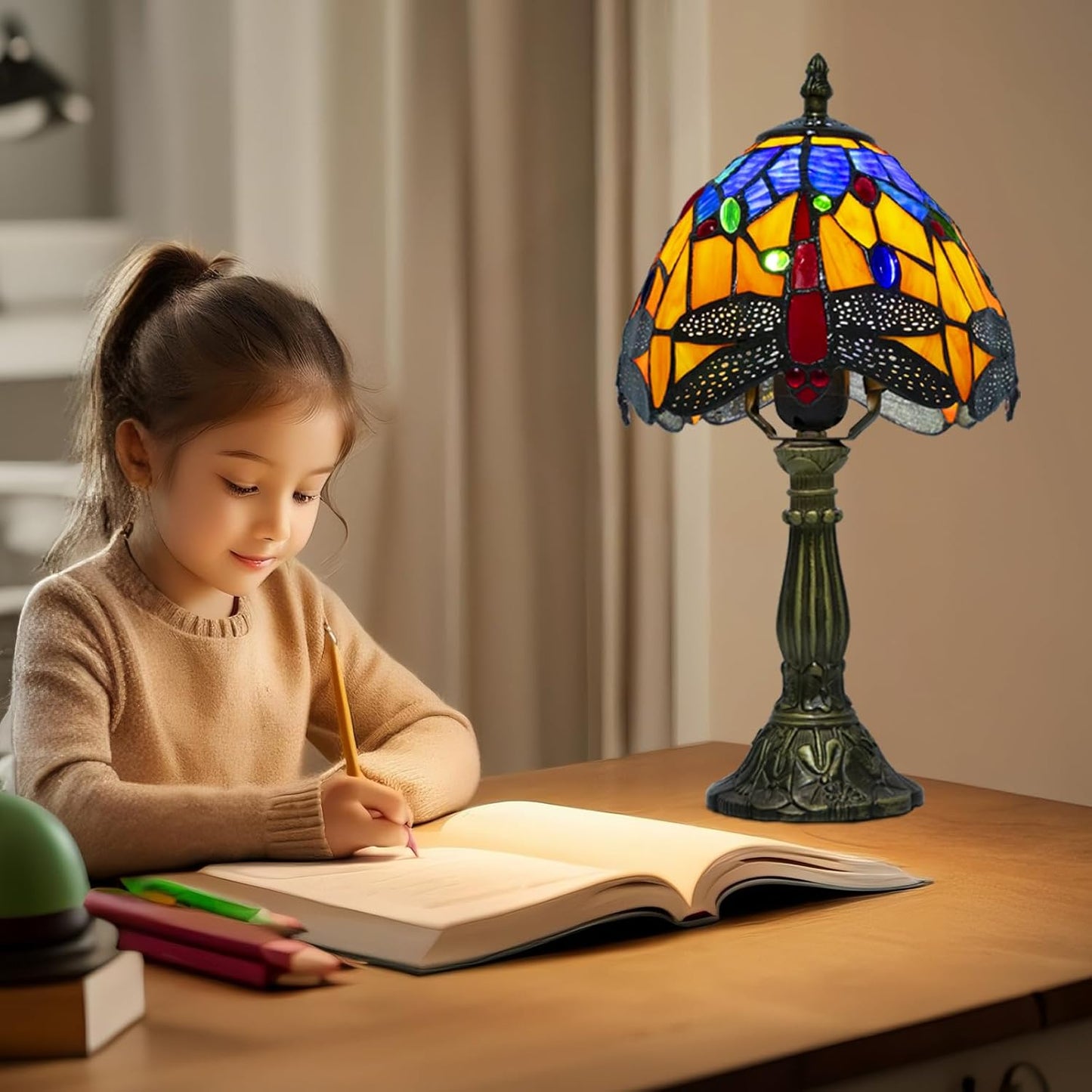 Tiffany Table Lamp - 8 Inch Antique Stained Glass, 3 Color Temperatures, Handcrafted for Bedroom & Living Room