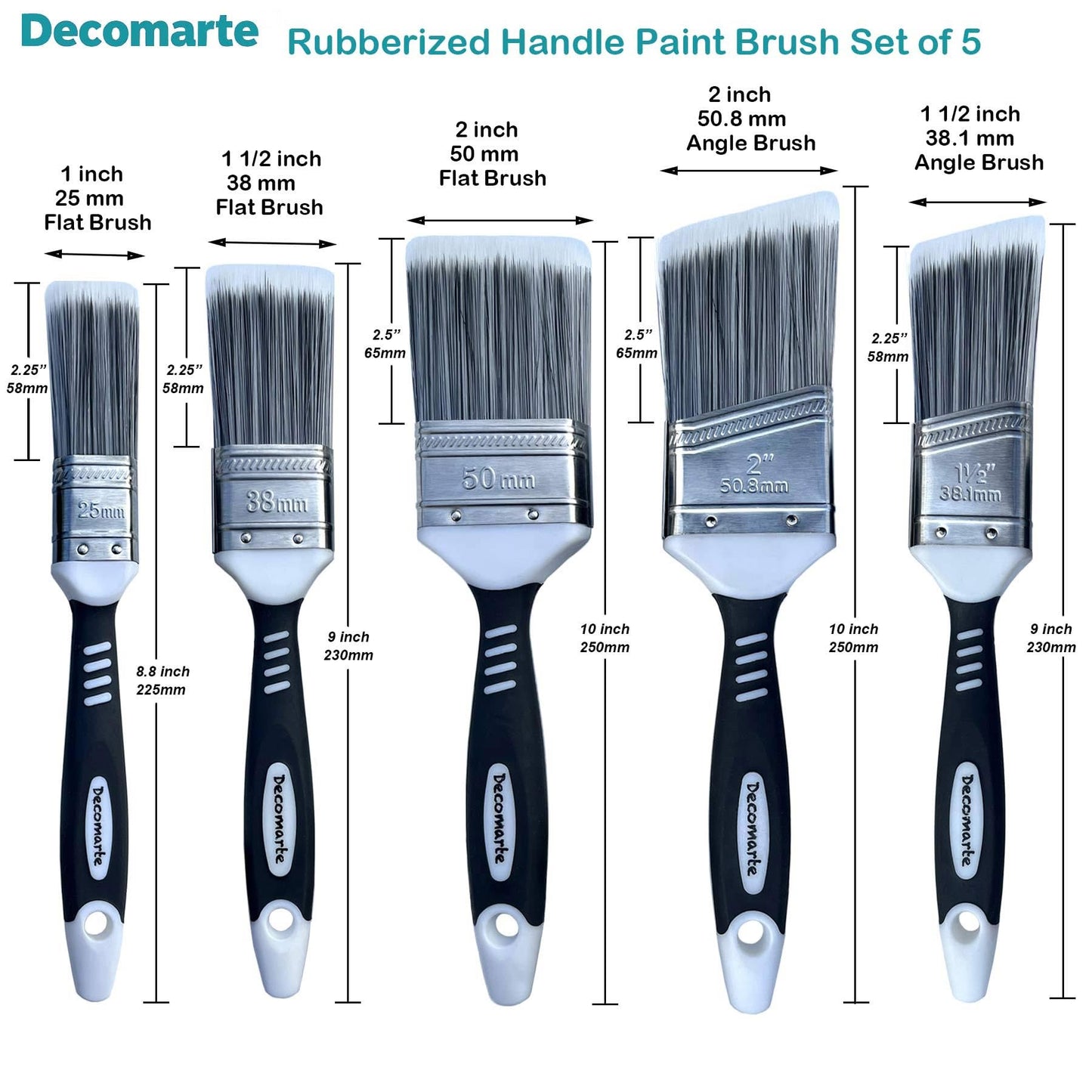 Decomarte Paint Brush Set for Painting Cabinets, Small Fence Wall Stain Brushes Assortment, Smooth Synthetic Short Bristle Paintbrushes with Soft Grips – Double Thick Chip Brush Variety- Pack of 5