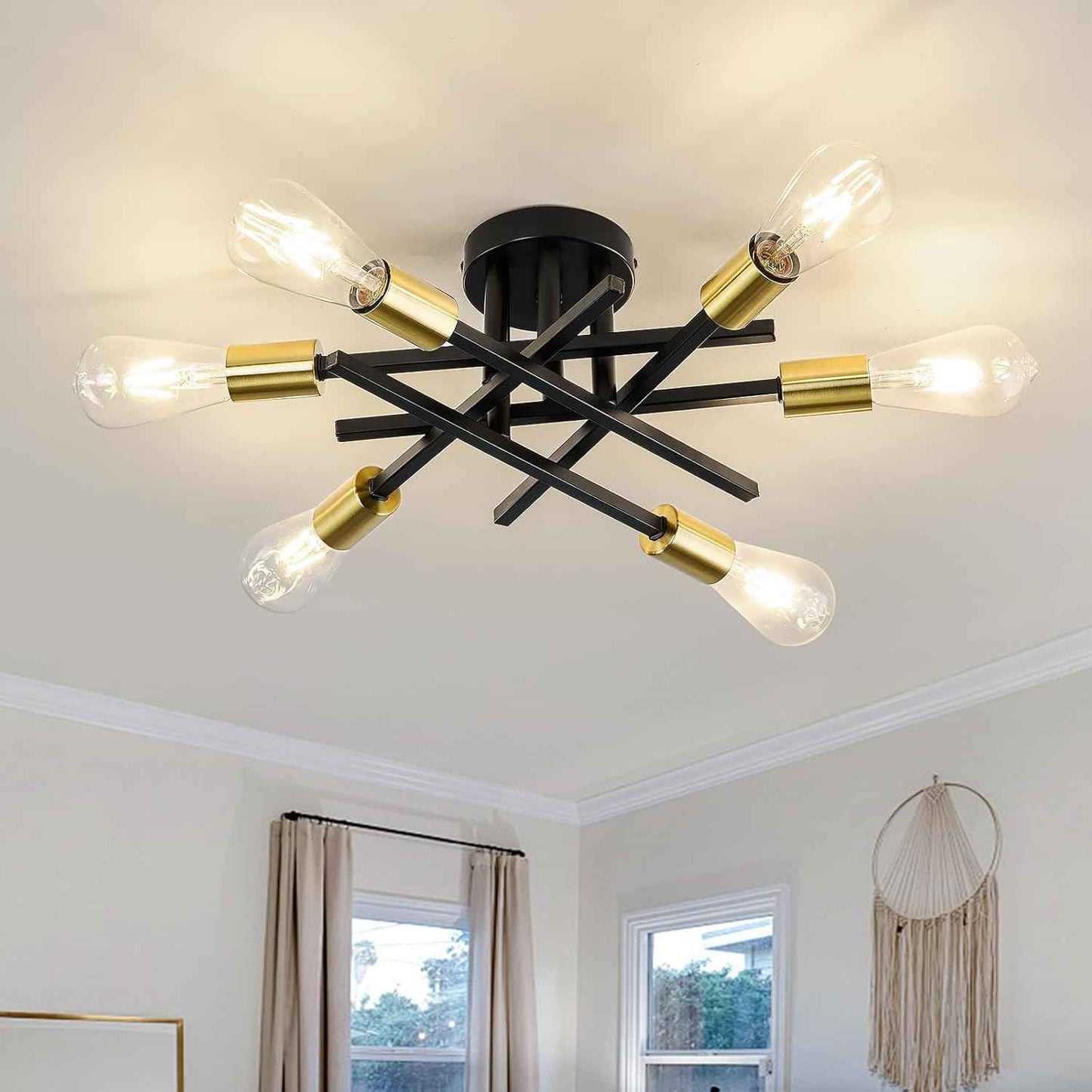 Gold Modern 6-Light Semi Flush Mount Ceiling Light Fixture - Vintage Sputnik Chandelier for Kitchen, Dining & Living Room