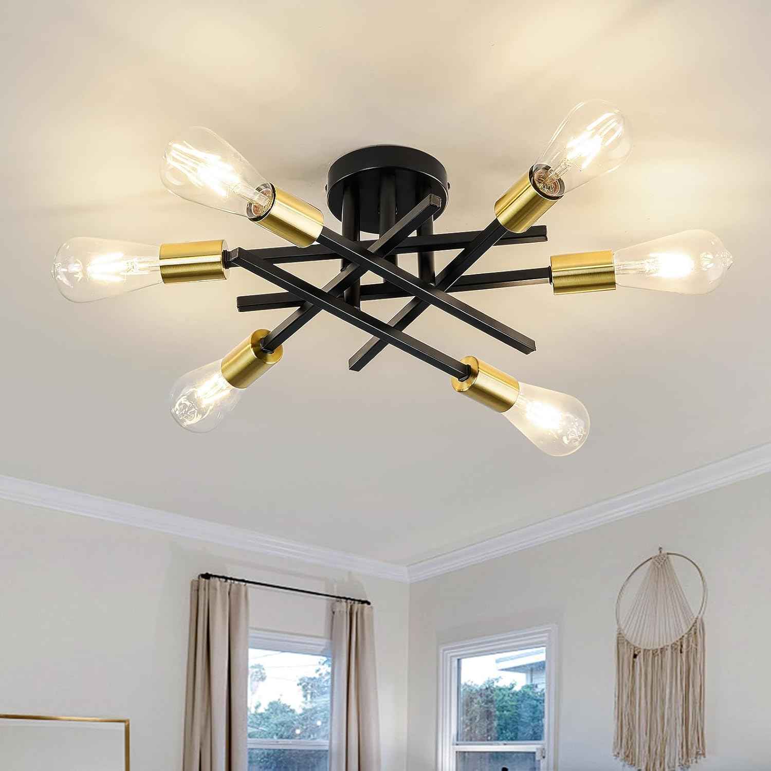 Gold Modern 6-Light Semi Flush Mount Ceiling Light Fixture - Vintage Sputnik Chandelier for Kitchen, Dining & Living Room