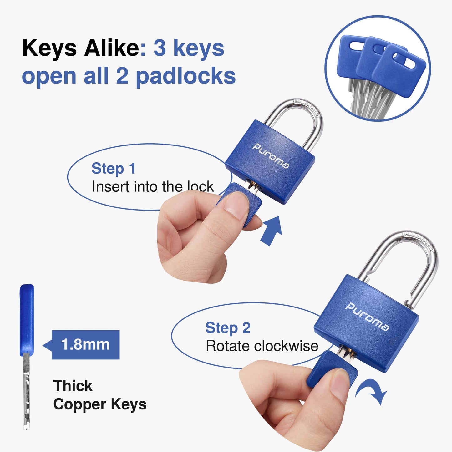 Puroma Lock Keyed Padlock, 2 Pack Aluminum Locks with 3 Keys Alike, 1.1 Inch Locker Lock 43mm Small Padlocks for Gate, Fence, Shed, Toolbox, School Gym Locker (Blue)
