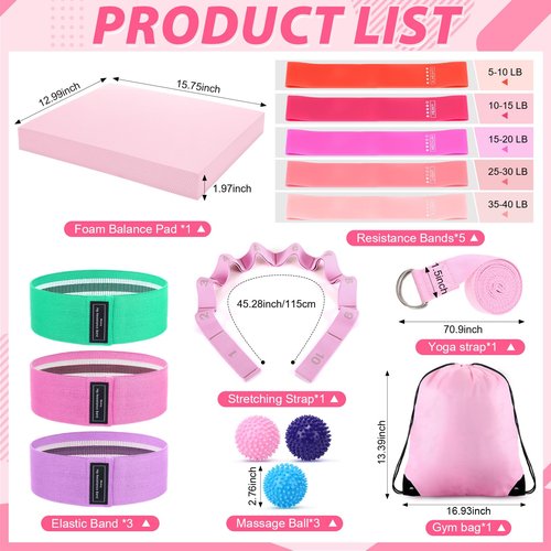 Halloscume 16 Pcs Home Pilates Kit for Women Resistance Band, Stretching Band, Non Slip Socks, Yoga Fascia Balls, Stretch Belt in Sections, Balanced Cushions, Hip Belt and Drawstring Bag (Pink)
