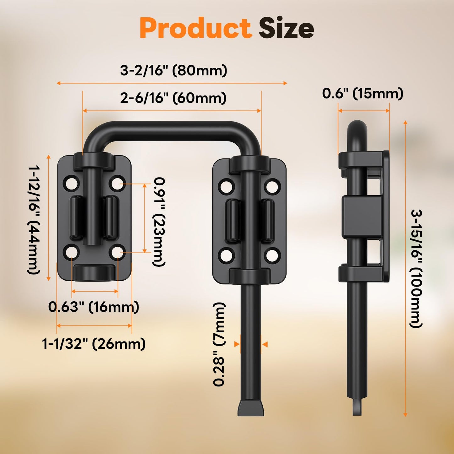 SecureLatch Sliding Door Loop Lock, 2.36 Inch Stainless Steel Patio Door Latch for Window, Barn, Garden, Fence, Shed, Closet, Double Gate - 90/180 Degree Installation U-Bolt Lock (Black-1PC)