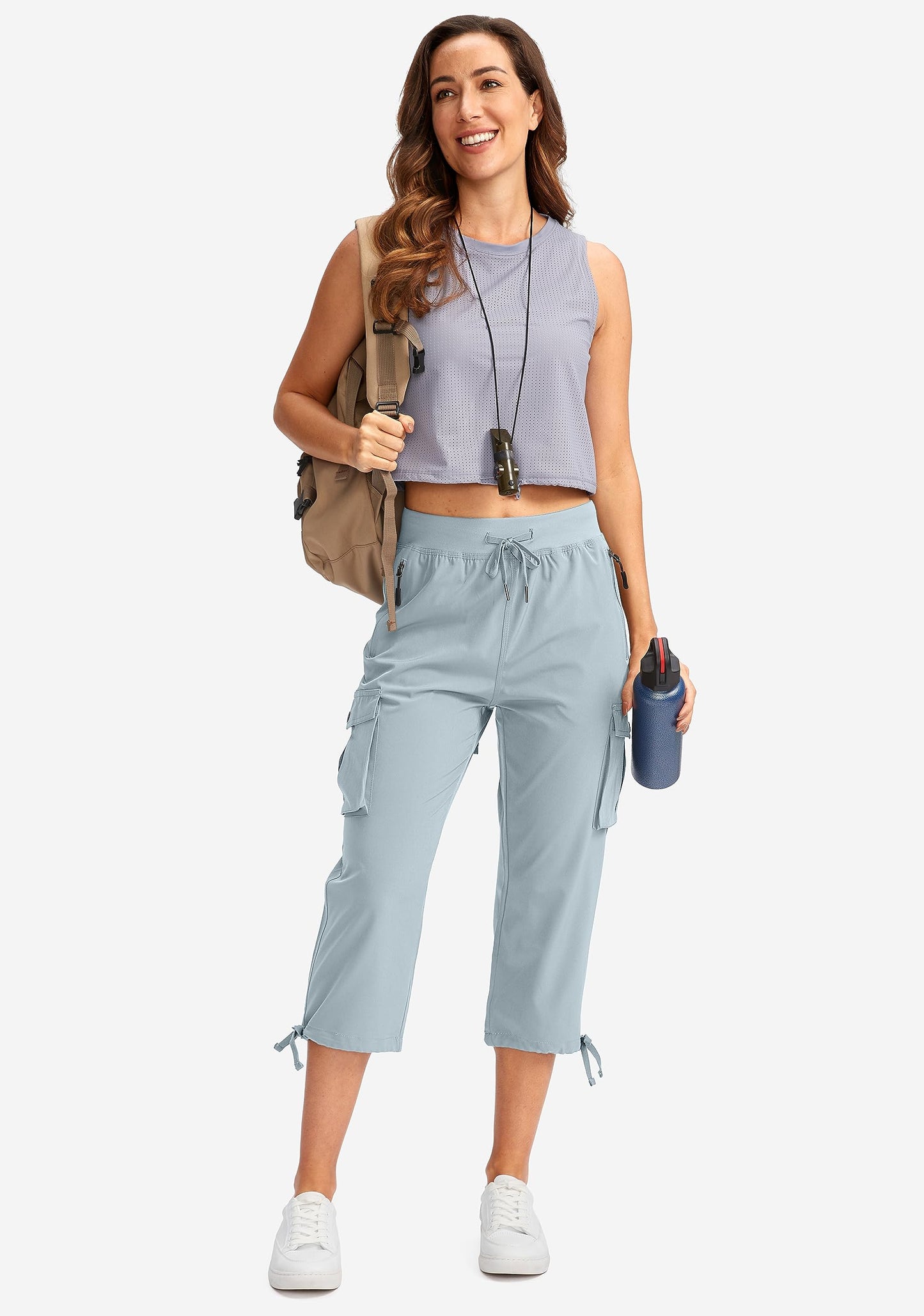 Soothfeel Women's Cargo Capris Pants with 6 Pockets Lightweight Quick Dry Travel Hiking Summer Pants for Women Casual (Light Grey, XXL)