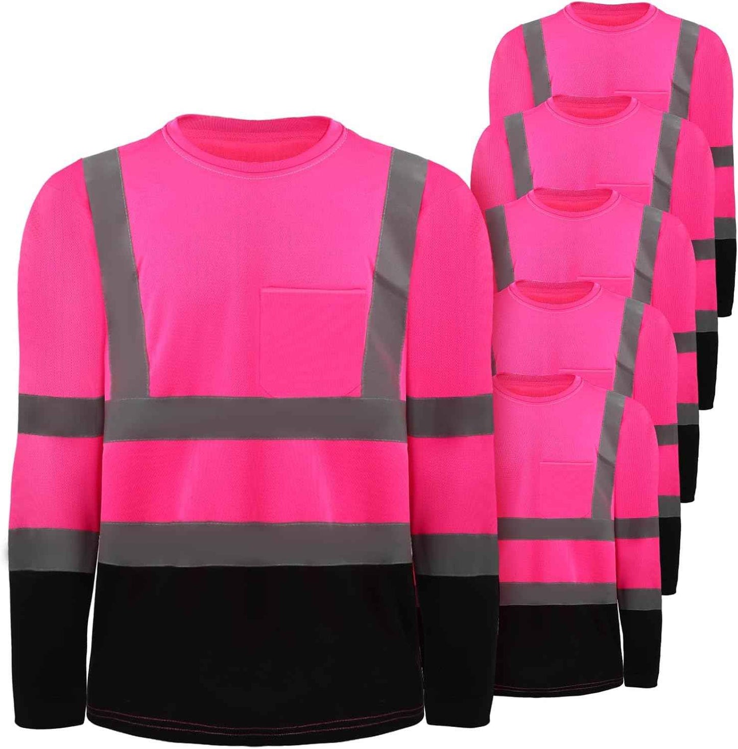 High Visibility Long Sleeve Safety Shirts - 6 Pack Class 3 Reflective Wicking Shirts with Pocket (Yellow)