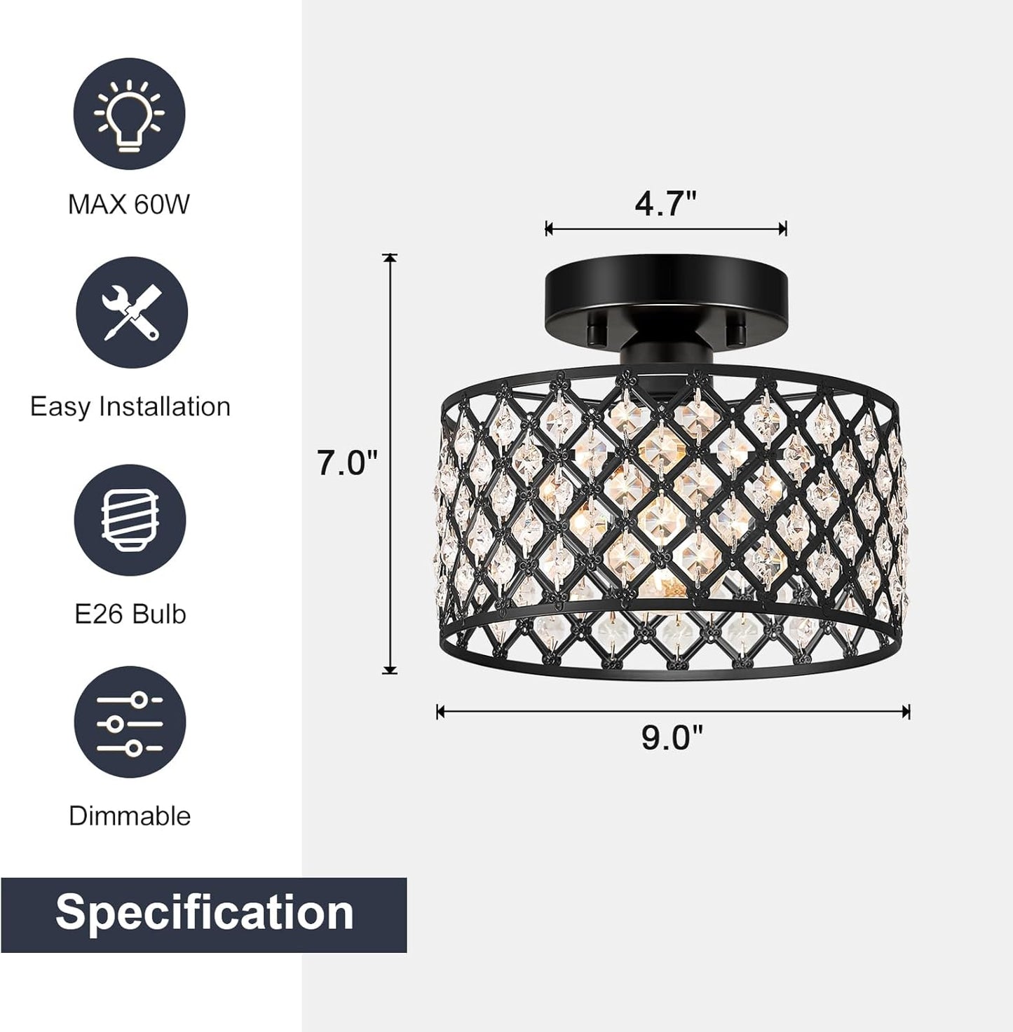 Modern Black Crystal Semi Flush Mount Ceiling Light Fixture - 11.2" Round Chandelier for Dining Room, Hallway, Kitchen & Bedroom