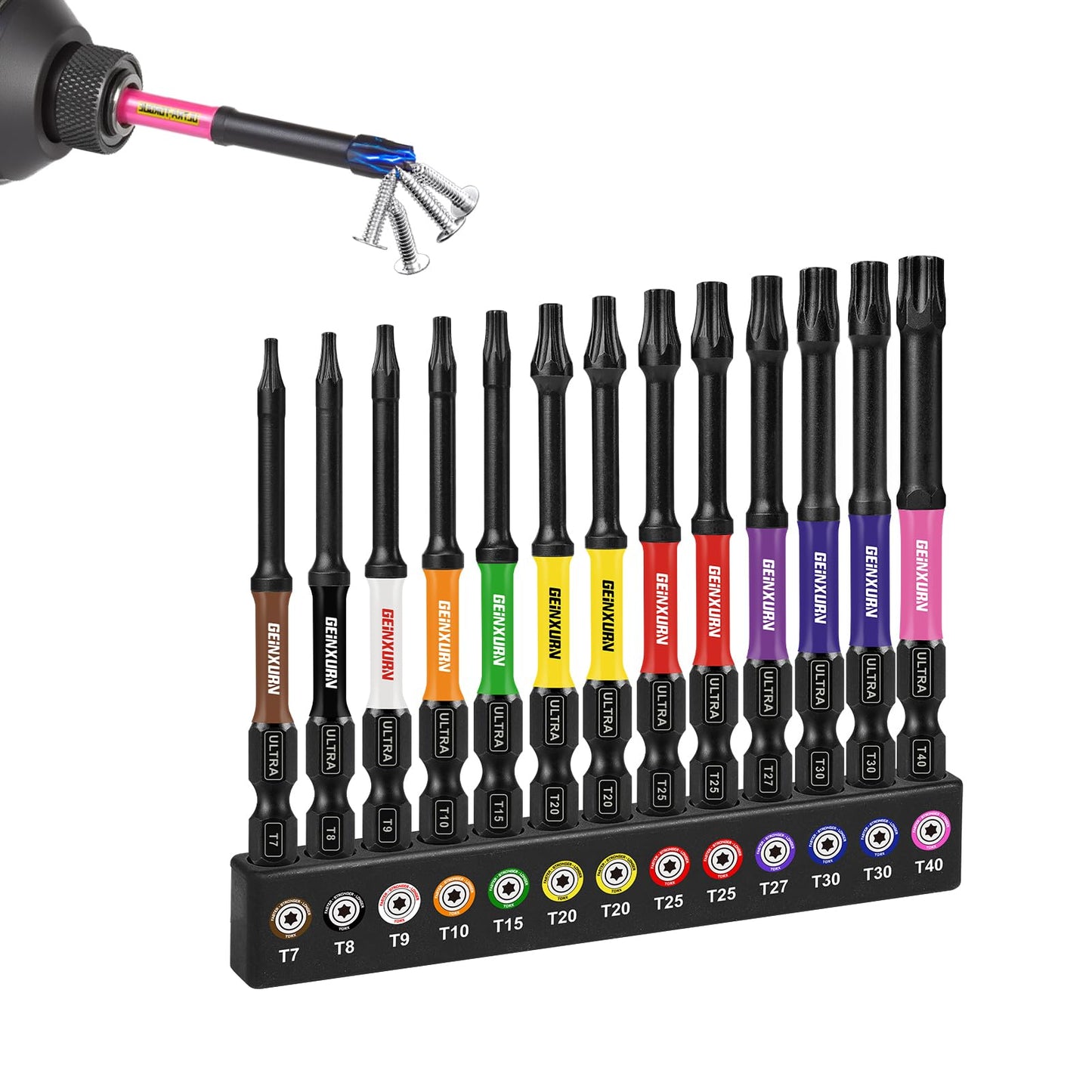 Geinxurn 3”Impact Torx Screwdriver Bits Set,13Pcs Magnetic S2 Steel Long Extension Star Driver Bits Set (T7-T40) with Color Coded Base