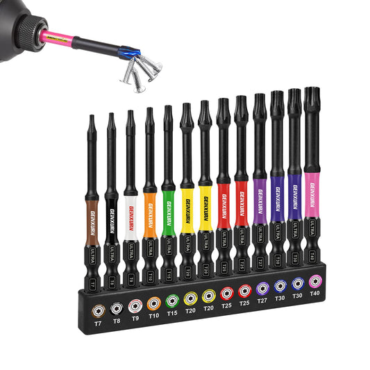 Geinxurn 3”Impact Torx Screwdriver Bits Set,13Pcs Magnetic S2 Steel Long Extension Star Driver Bits Set (T7-T40) with Color Coded Base