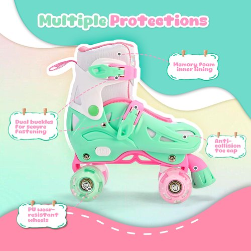2PM SPORTS 4 Size Adjustable Light Up Roller Skates for Girls, Flashing 4 Wheels, Beginner Kids Rollerskates for Age 5-8 8-12 - Green Small