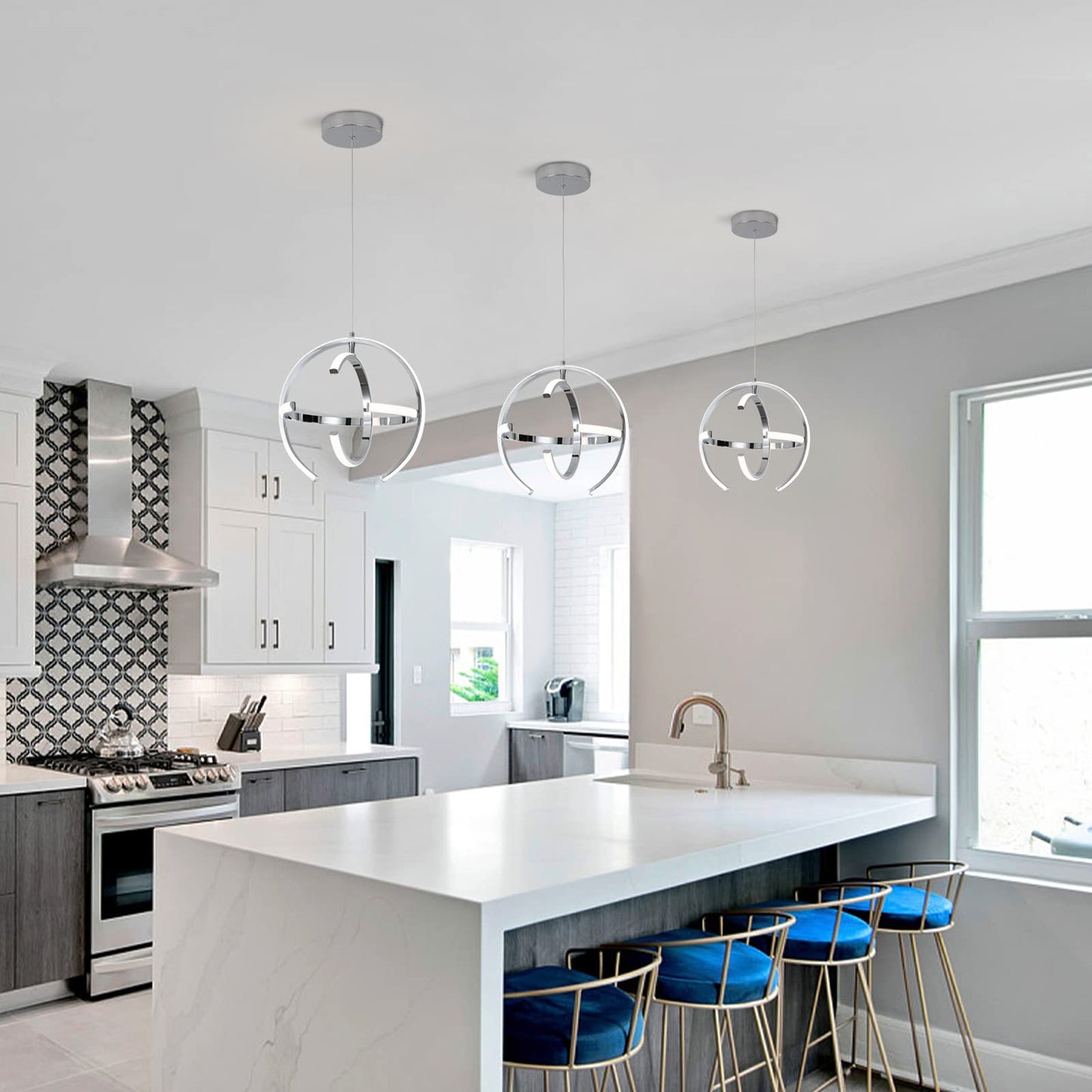 KELUOLY Chrome Modern LED Pendant Light, Silver Dimmable Metal Globe Chandelier, Hanging Ceiling Light Fixture for Room Dining Bedroom Living Room Kitchen Island Hallway Entryway Foyer 13 Inch