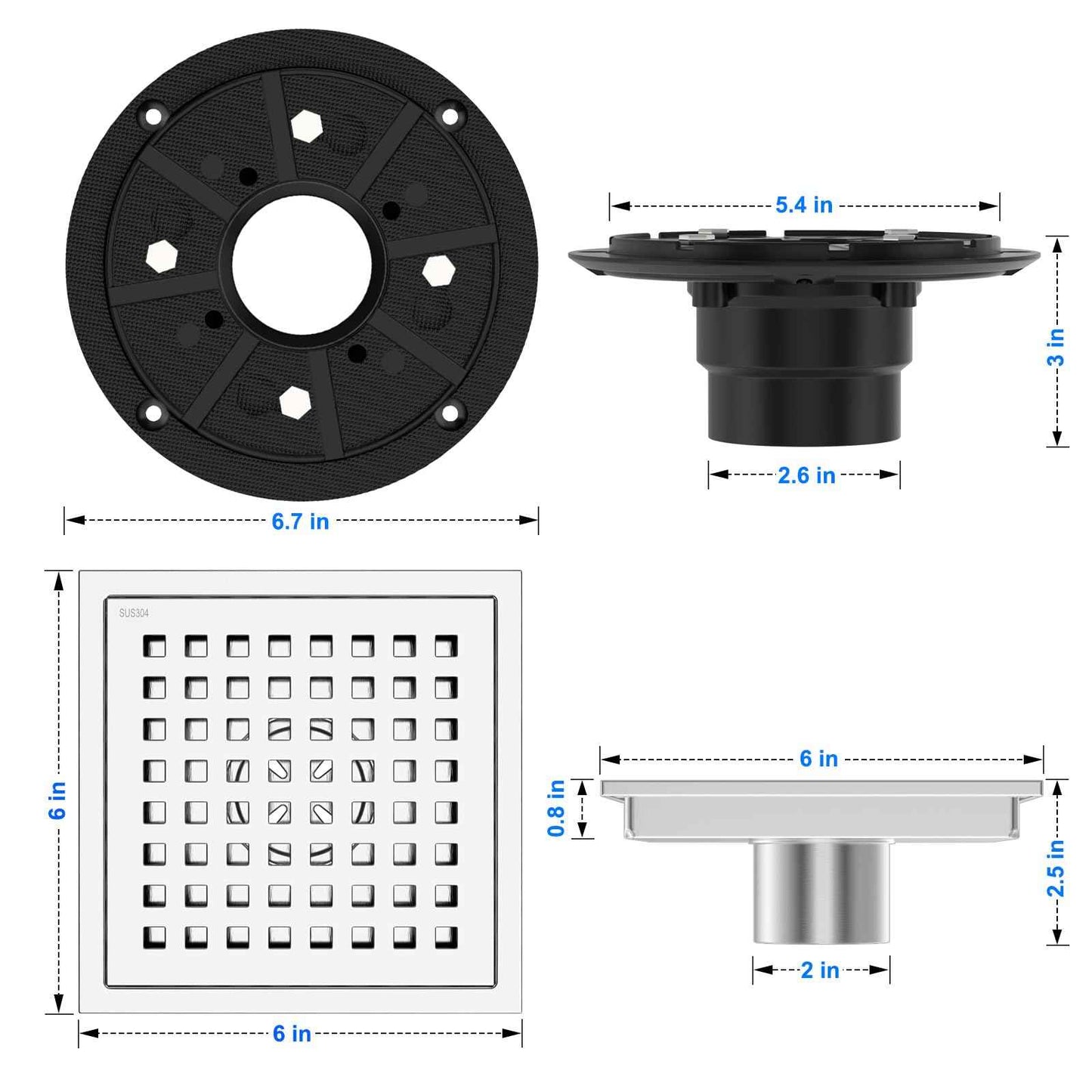 Premium 6 Inch Square Shower Floor Drain with Flange - Quadrato Pattern Removable Grate, Brushed Nickel Food-Grade SUS 304 Stainless Steel