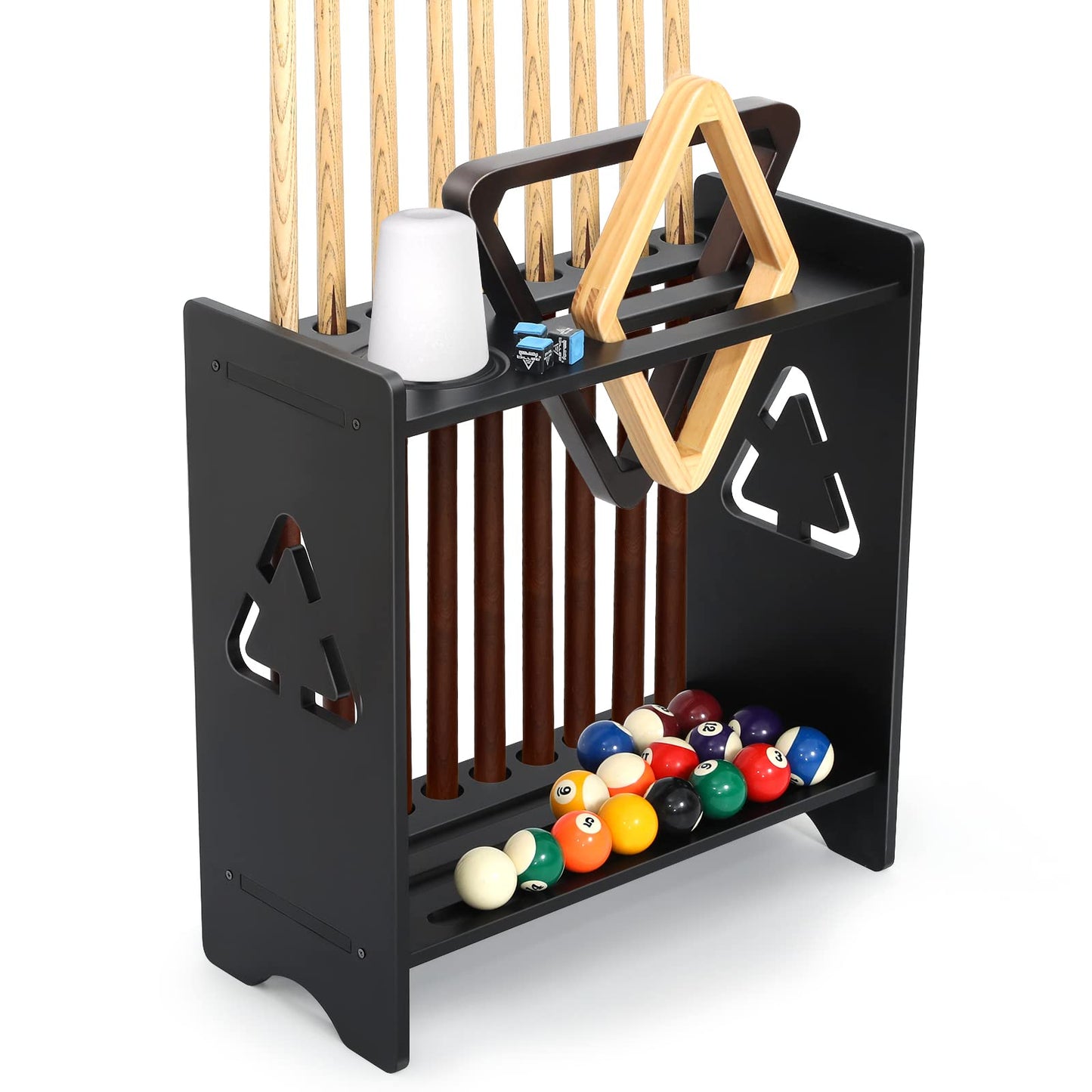 EXTCCT Pool Stick Holder Floor Stand- Billiards Pool Cue Rack Oak Solid Wooden Holds 9 Cues and Pool Table Accessories Organizer with Chalk Cone Holder for Game Room Club or Men Cave