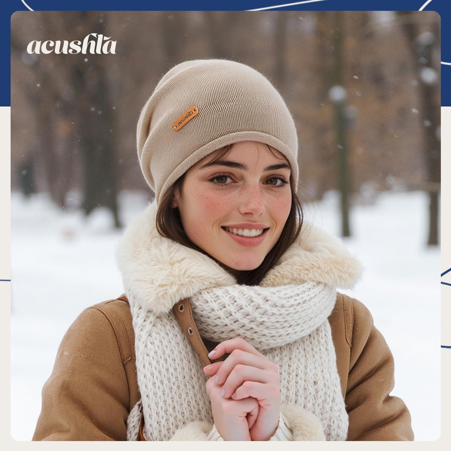 ACUSHLA 100% Merino Wool Slouchy Beanie for Women & Men Knit Winter Hat Unisex Warm Skull Cap for Cold Weather, Light Beige