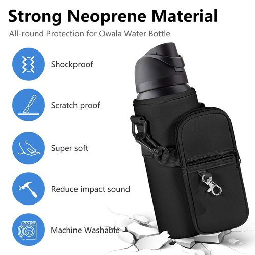 Icesip Water Bottle Holder Bag with Detachable Phone Pocket for Owala FreeSip 24oz with Strap Pocket for Owala Accessories 24oz Water Bottle Sleeve for Walking Camping Gym Black