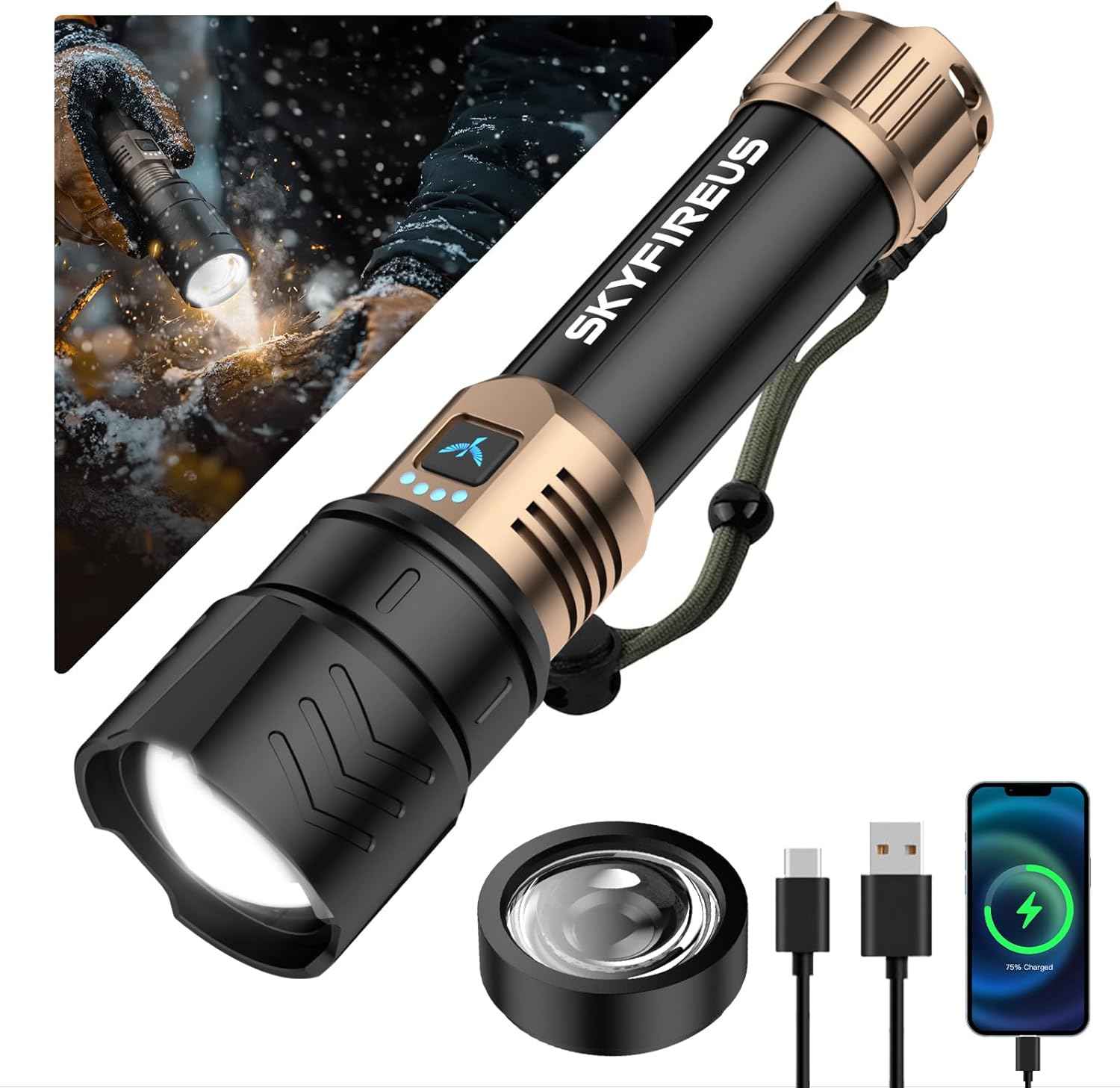 2000 Lumen Rechargeable LED Flashlight - Waterproof Tactical Light with Zoom & 4 Modes for Camping & Outdoor Use
