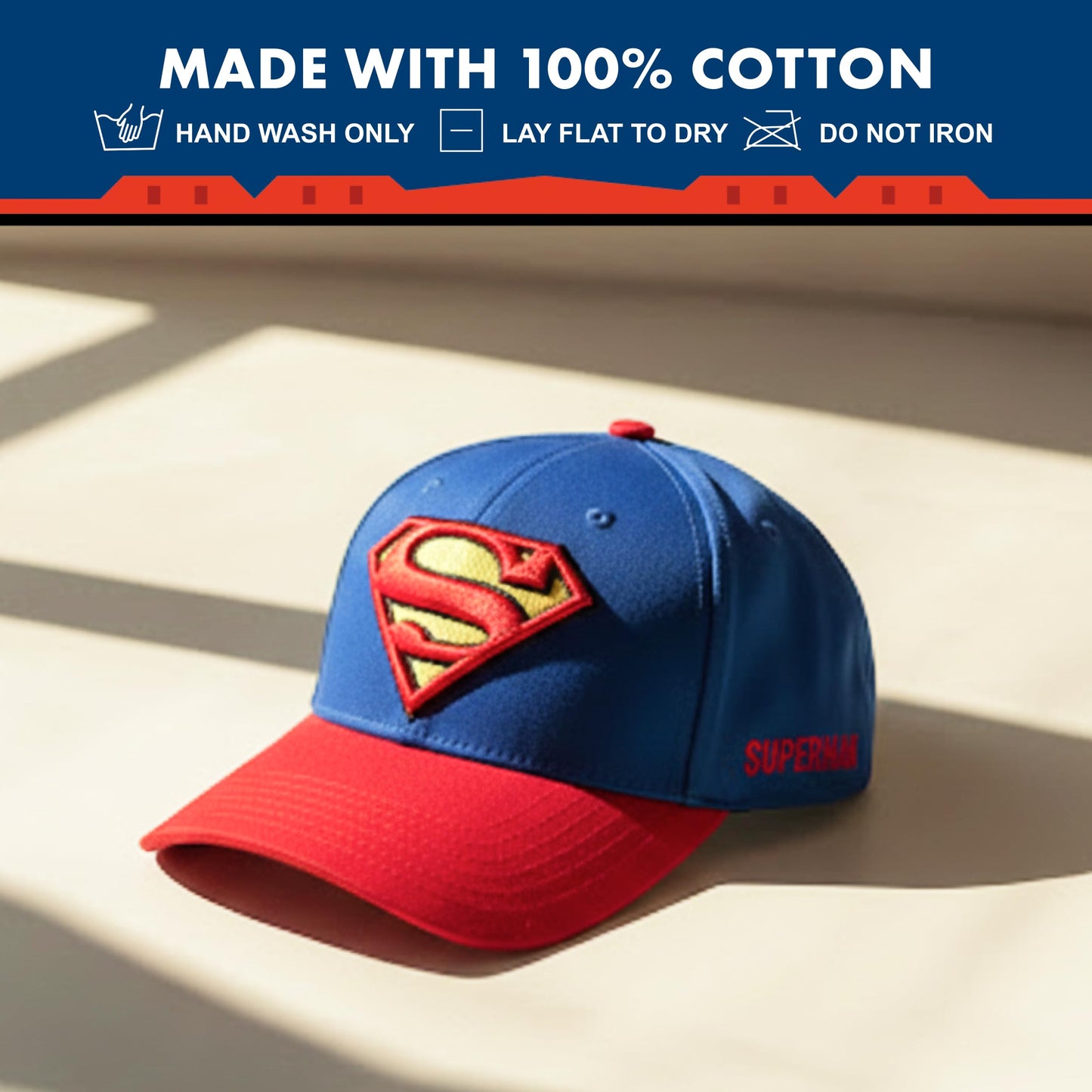 DC Comics Superman Baseball Cap, Adult Adjustable Snapback Hat with Flat Brim for Men and Women, Embroidered Logo, Navy, One Size