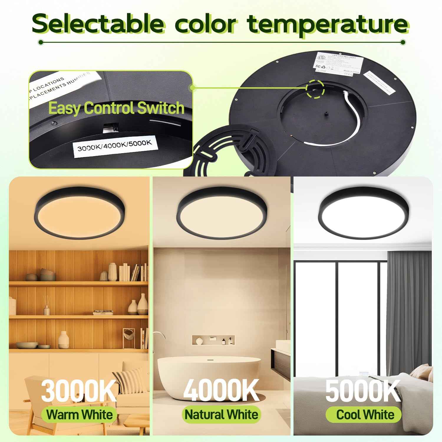 hykolity 9 Inch Selectable CCT LED Round Flat Panel Light, 18W 1800LM 3000K/4000K/5000K, Edge-Lit Flush Mount Ceiling Light Fixture for Kitchen, Bedroom, Laundry and Closet Room, Black