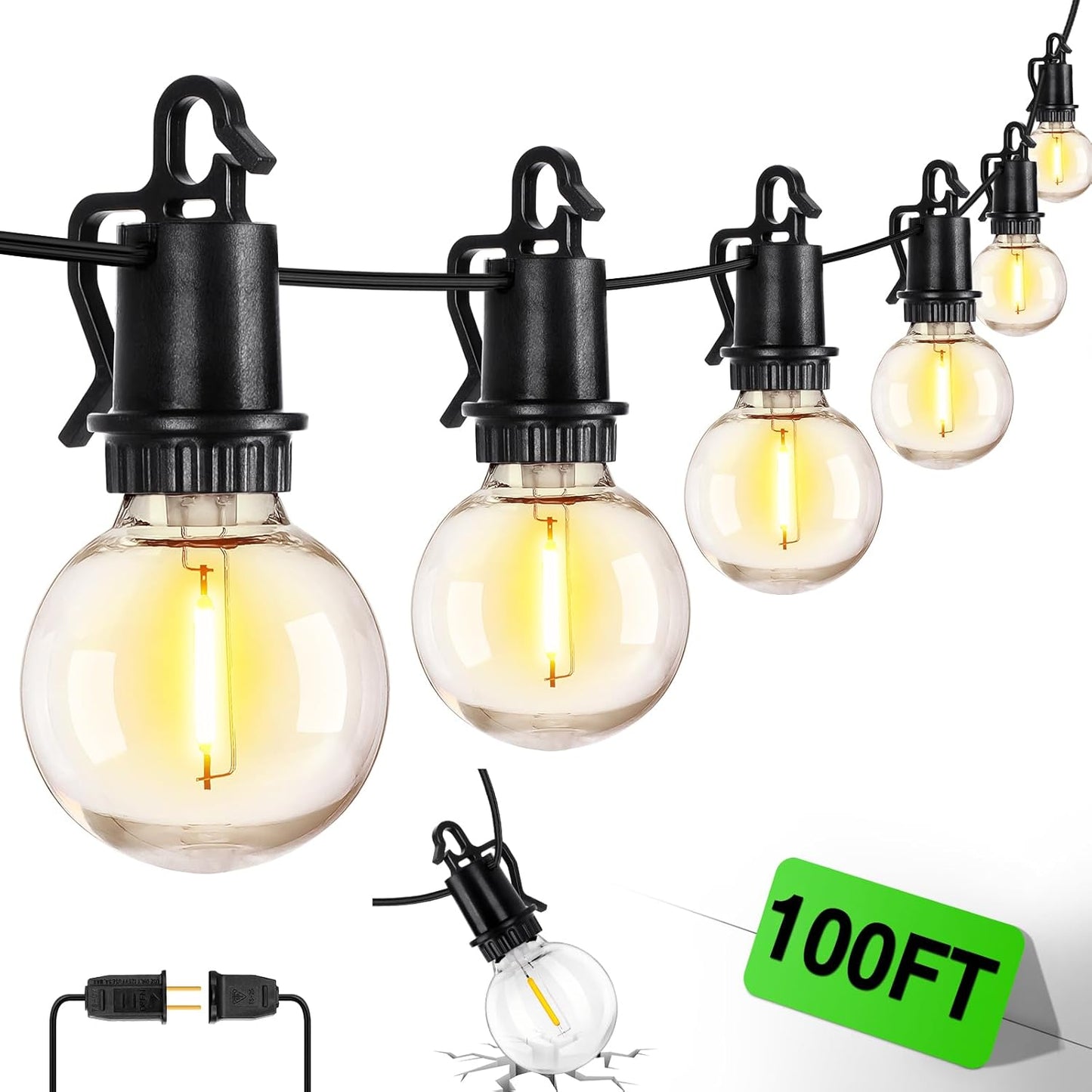 100FT Solar Powered String Lights with Remote - Waterproof G40 Patio Lights, 30 Shatterproof Bulbs, 3 Modes for Camping & Backyard
