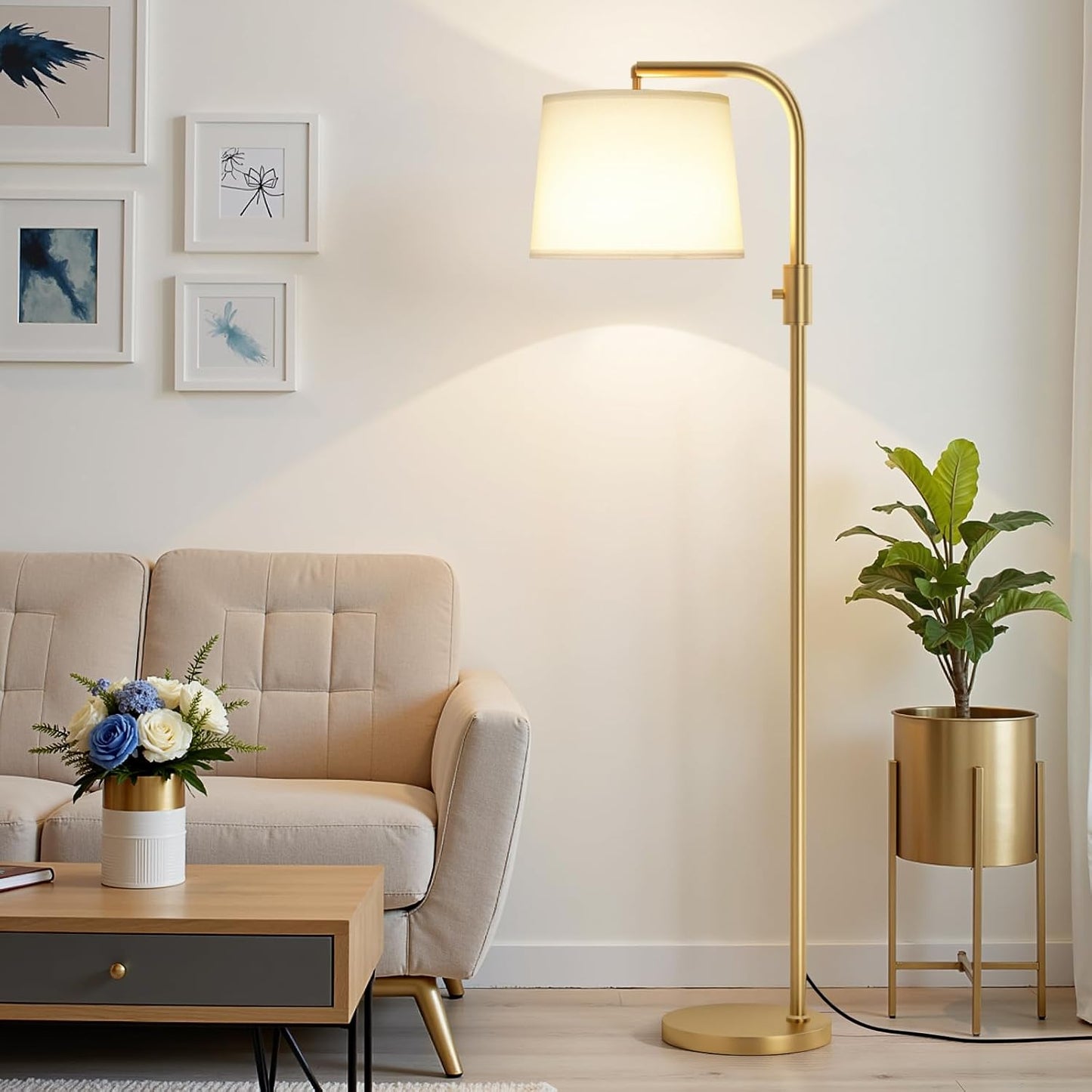 Modern Dimmable Floor Lamp with 9W LED Bulbs - Stylish Standing Light for Living Room & Bedroom (Gold & White)