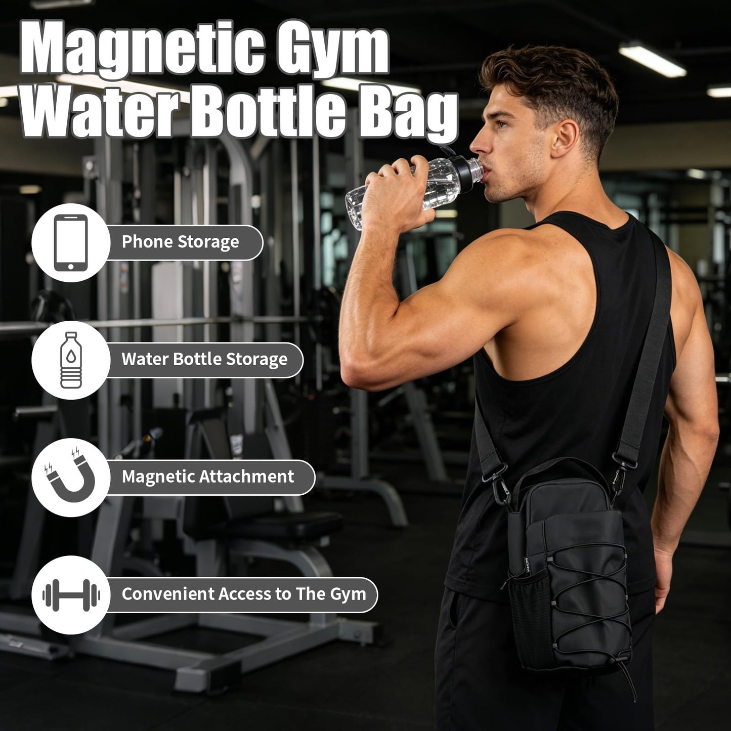 Magnetic Gym Water Bottle Bag with Phone Holder for Men, Magnetic Gym Bag Attaches to Equipment, Holds Water Bottle, Phone & Essentials for Workout, Training & Fitness
