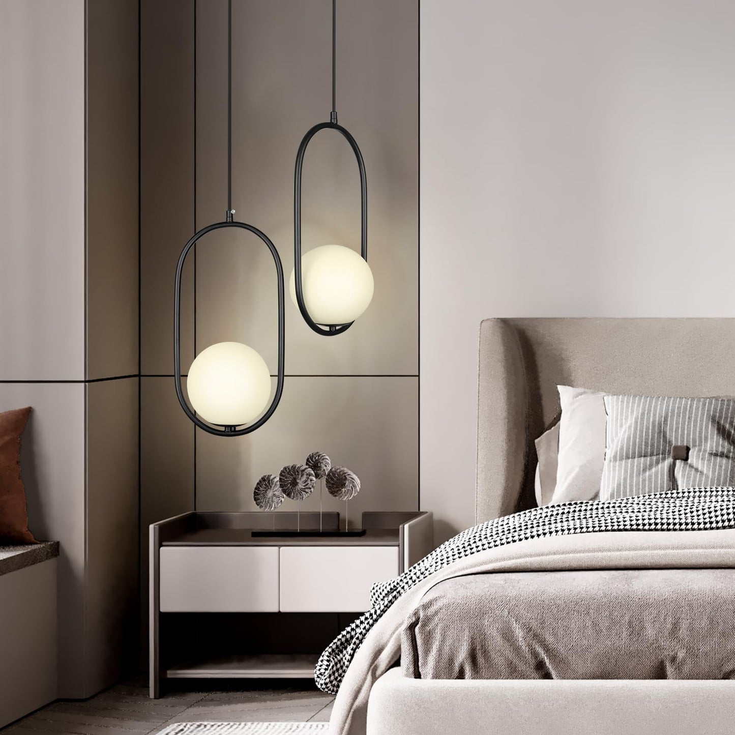 lobolighting Modern Pendant Lighting, 2 Pack Black Pendant Light Fixtures Adjustable Height Mid Century Chandelier, Frosted Glass Globe Single Hanging Light for Kitchen Island Dining Room Bedroom