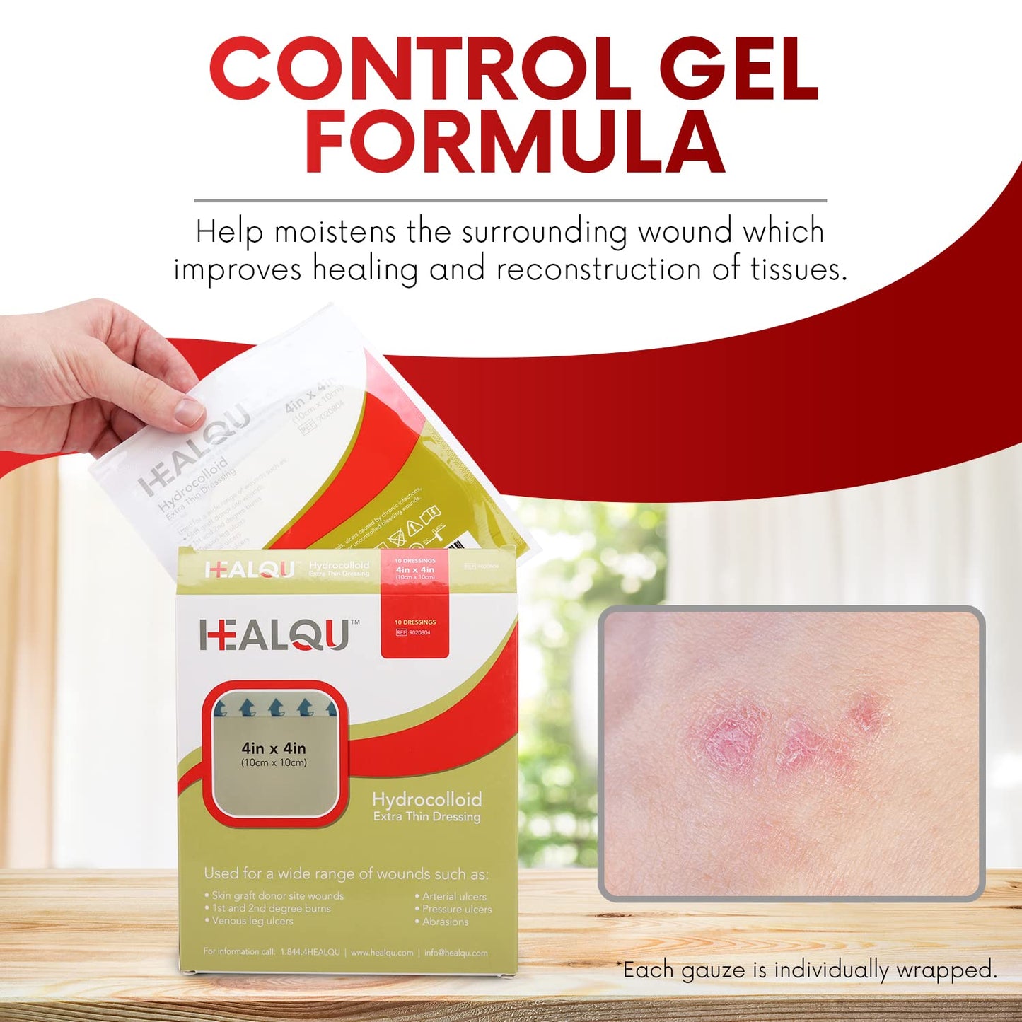 Healqu Hydrocolloid Wound Dressing - 4x4" Bordered - Box of 10 Large Bandages - Sterilized Bordered Hydrocolloid Patches for Bed Sores, Abrasions, and More - Waterproof and Absorbent with Protective