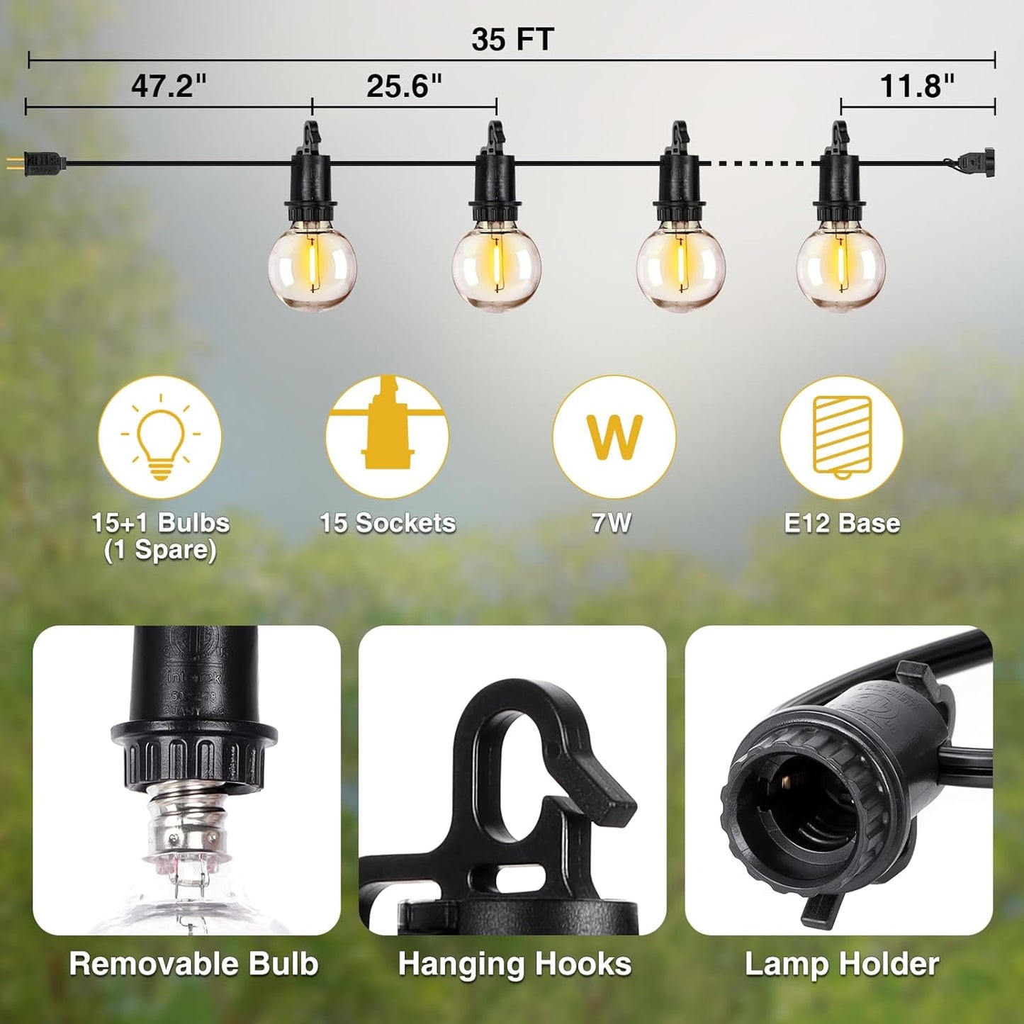100FT Solar Powered String Lights with Remote - Waterproof G40 Patio Lights, 30 Shatterproof Bulbs, 3 Modes for Camping & Backyard