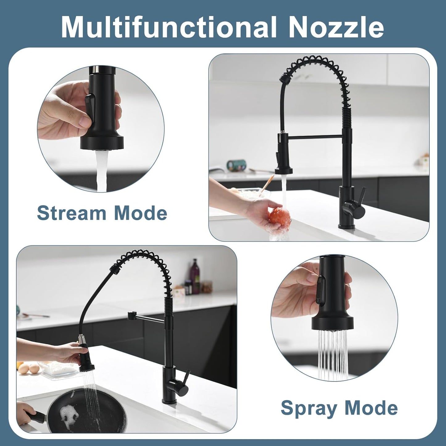 Matte Black Kitchen Faucet with Soap Dispenser - Commercial Single Handle Pull Down Sprayer