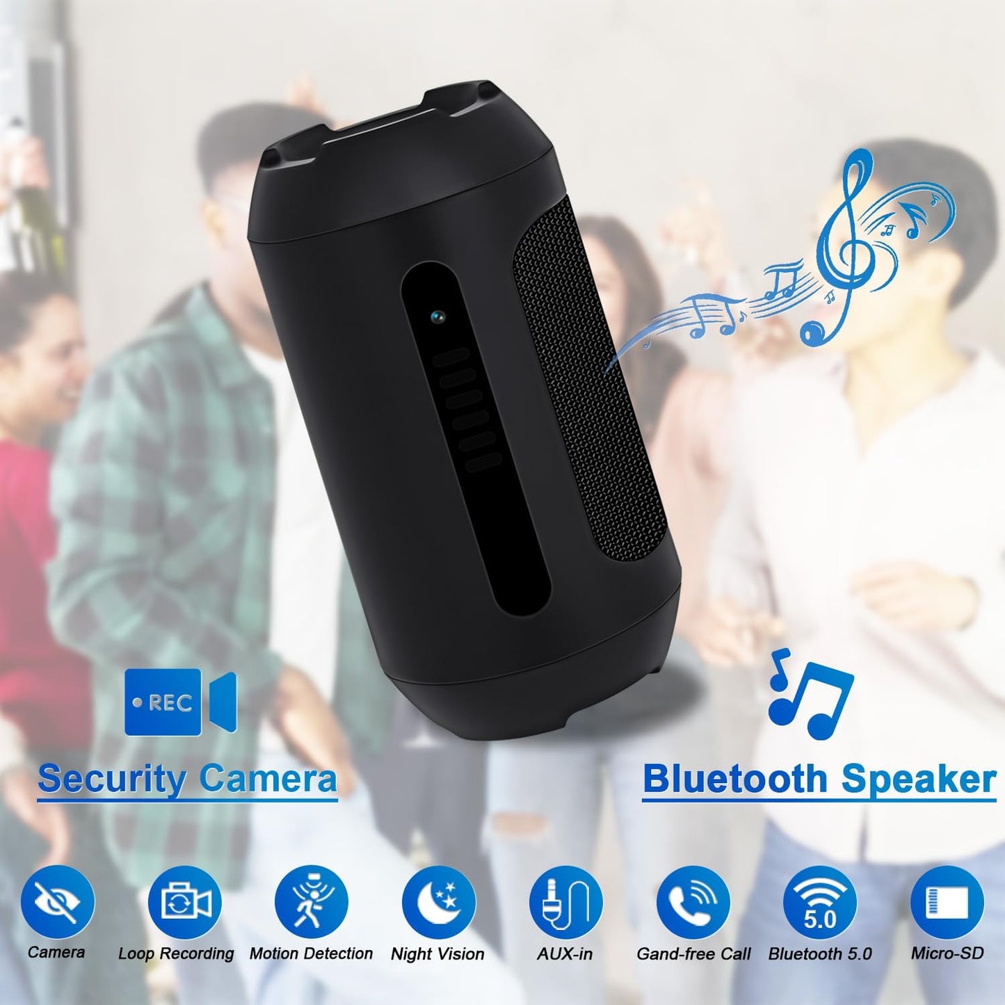 1080P 128GB Home Security Camera with Motion Detection & Bluetooth Speaker - Black