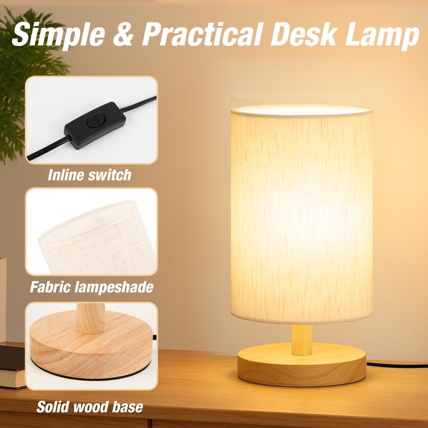 EZIYIN Desk Lamp LED Bulb Included, Small Bedside Table Lamp Plug-in - Classic Wood Base with Flaxen Fabric Shade, Lamps for Night Stands, Simple Nightstand Light for Bedroom, Office, Desk