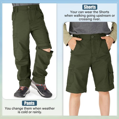 linlon Kids' Cargo Pants, Boy's Casual Outdoor Quick Dry Waterproof Hiking Climbing Convertible Trousers #9016-Army Green-XXL