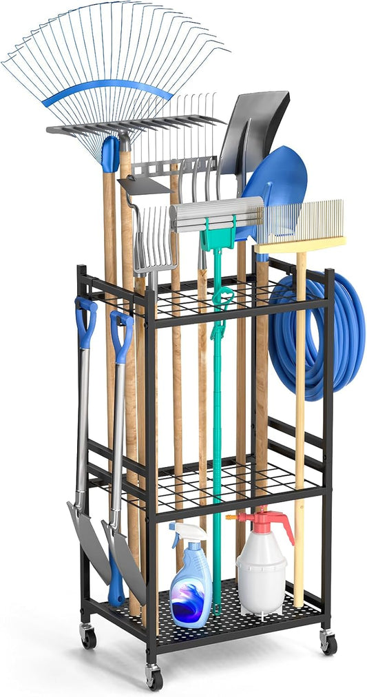 Garden Tool Organizer on Wheels - Sturdy Metal Rack for 35 Long-Handled Tools, 3 Hooks, Outdoor Storage, Black
