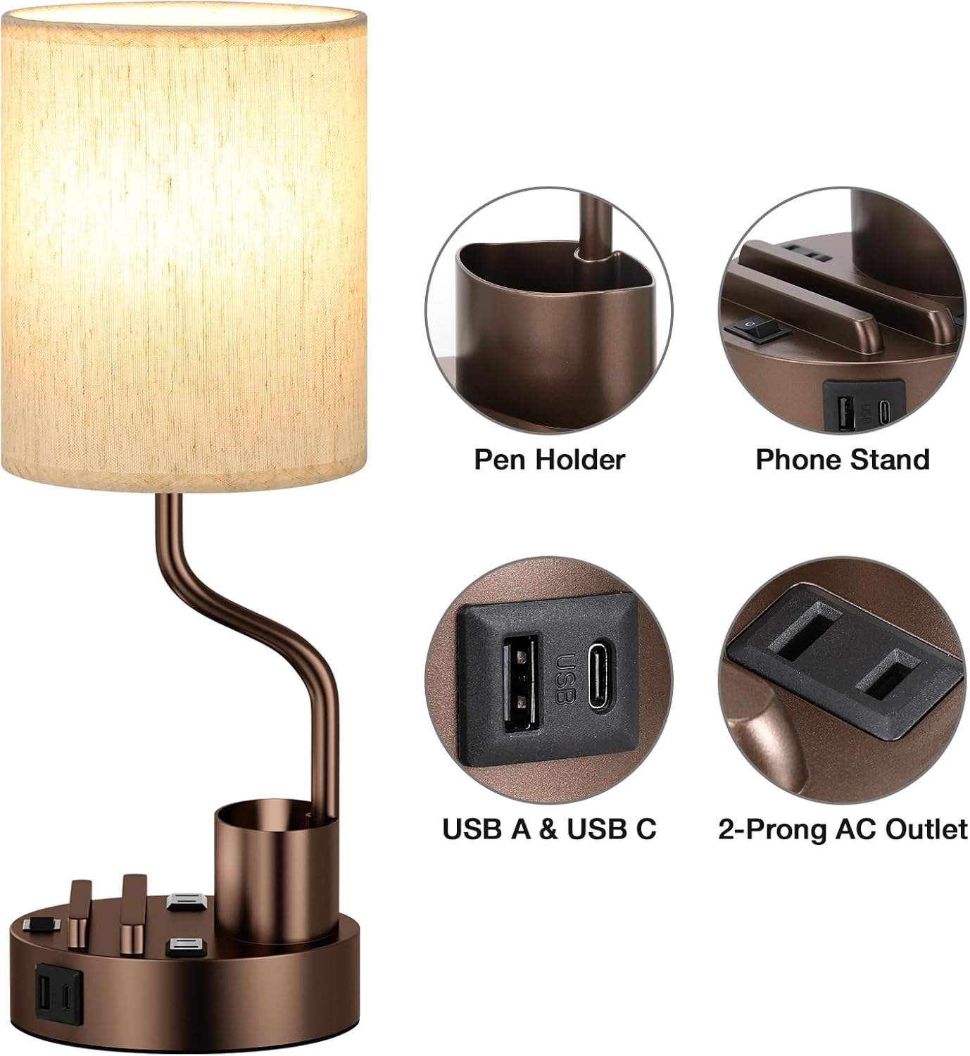 Set of 2 Bedside Table Lamps with USB & AC Outlet - 3 Color Temperatures, Desk Light & Phone Stand for Bedroom, Living Room, Office