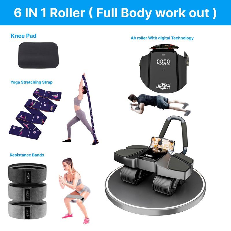 Ab Roller Home Gym Equipment – 4 Wheels Ab Wheel Muscle Roller, Yoga Stretching Strap, 3 Resistance Bands – Comfortable Elbow Support with Non-Slip Handles