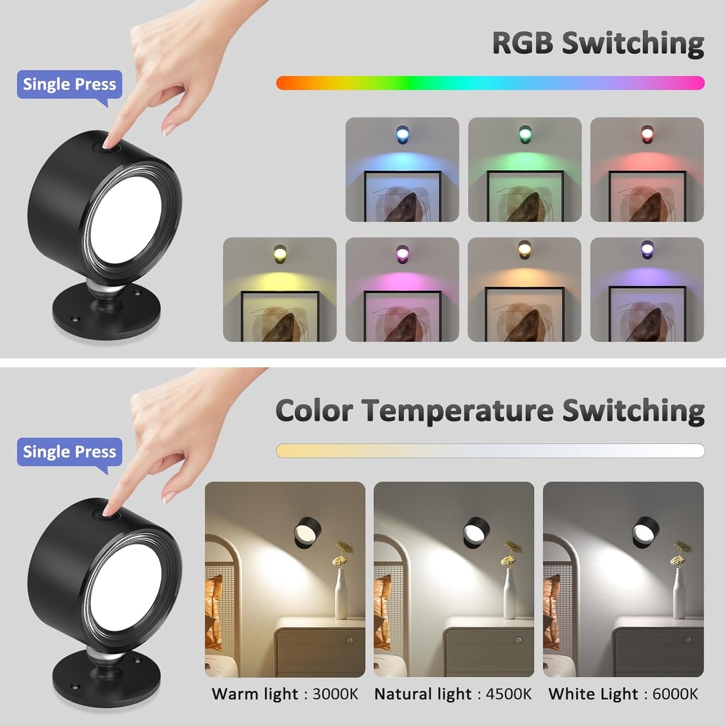 Rechargeable LED Wall Mounted Lights - 3 Pack with Remote, Dimmable & 360° Rotation for Bedroom