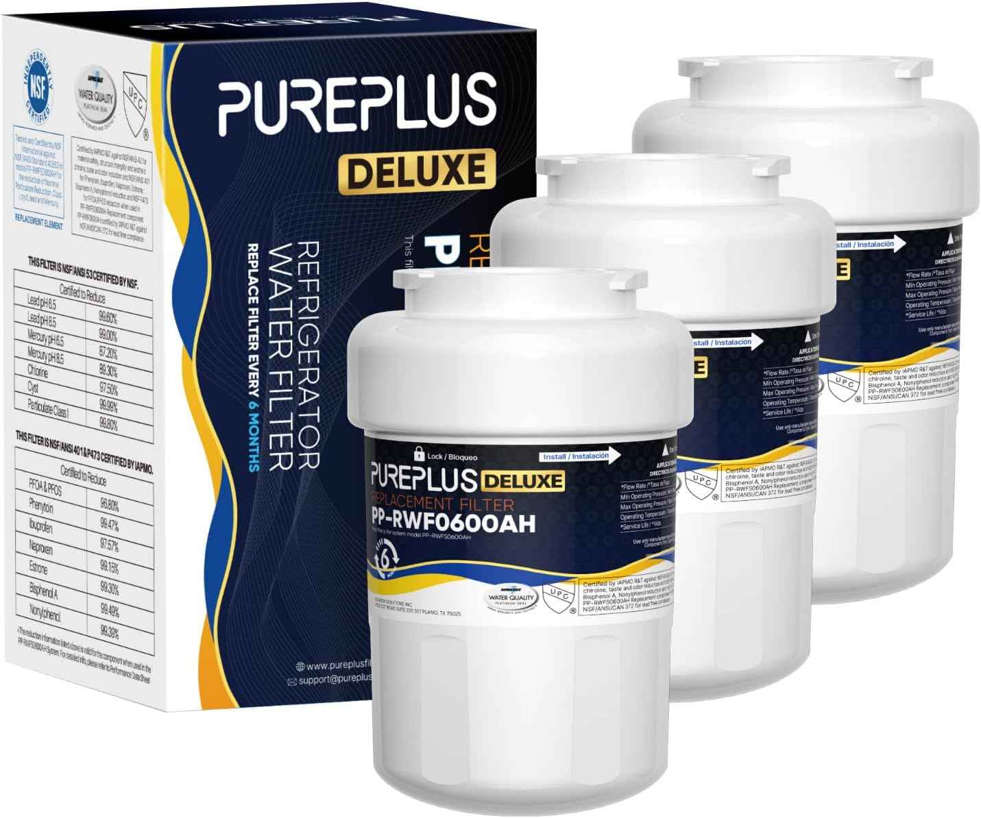 PUREPLUS PRO Refrigerator Water Filter Replacement - NSF Certified 3-Pack for HDX FMG-1, PL-100, WFC1201