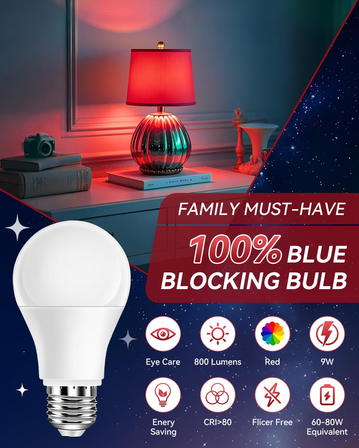 Neporal Red Light Bulbs for Sleep 9W, 100% Blue Light Blocking Red Night Light, 625nm LED Light Bulb for Melatonin Promoting, A19 60W Equivalent Dim Light Bulbs for Bedroom, Baby Nursery,1 Pack