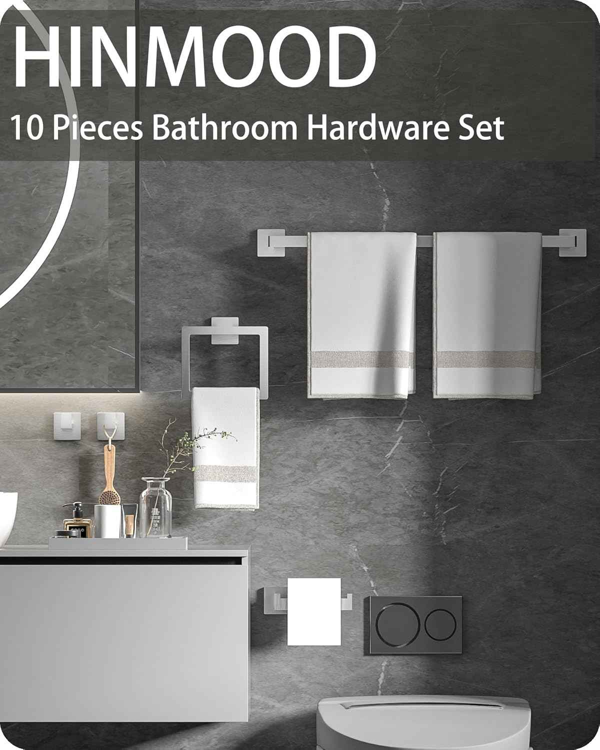 Brushed Nickel Bathroom Hardware Set - 10-Piece Towel Bar, Ring, Hook & Holder Kit