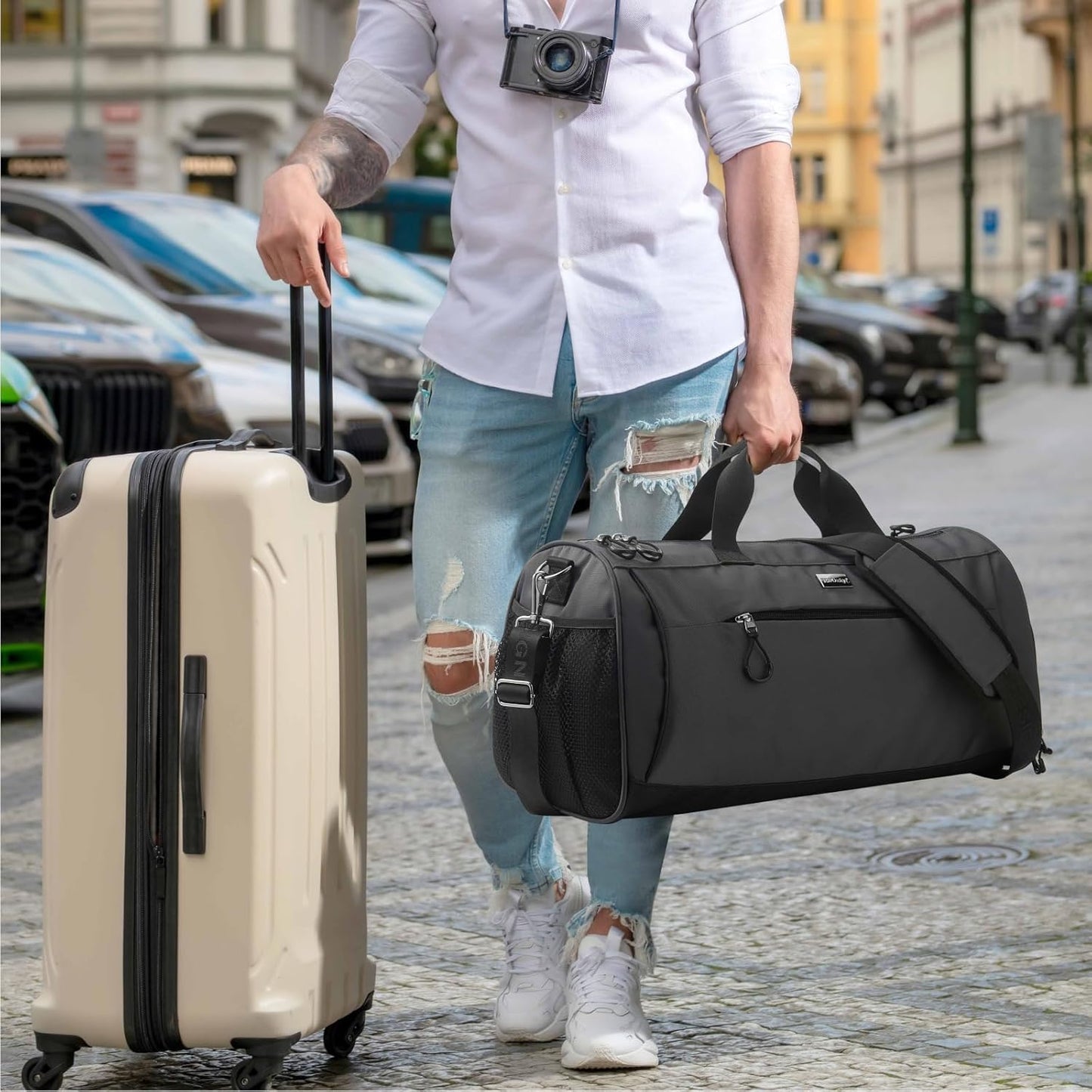 TOPDesign Gym Bag - Unisex Duffel with Shoe Compartment & Wet Pocket for Travel | Light Grey