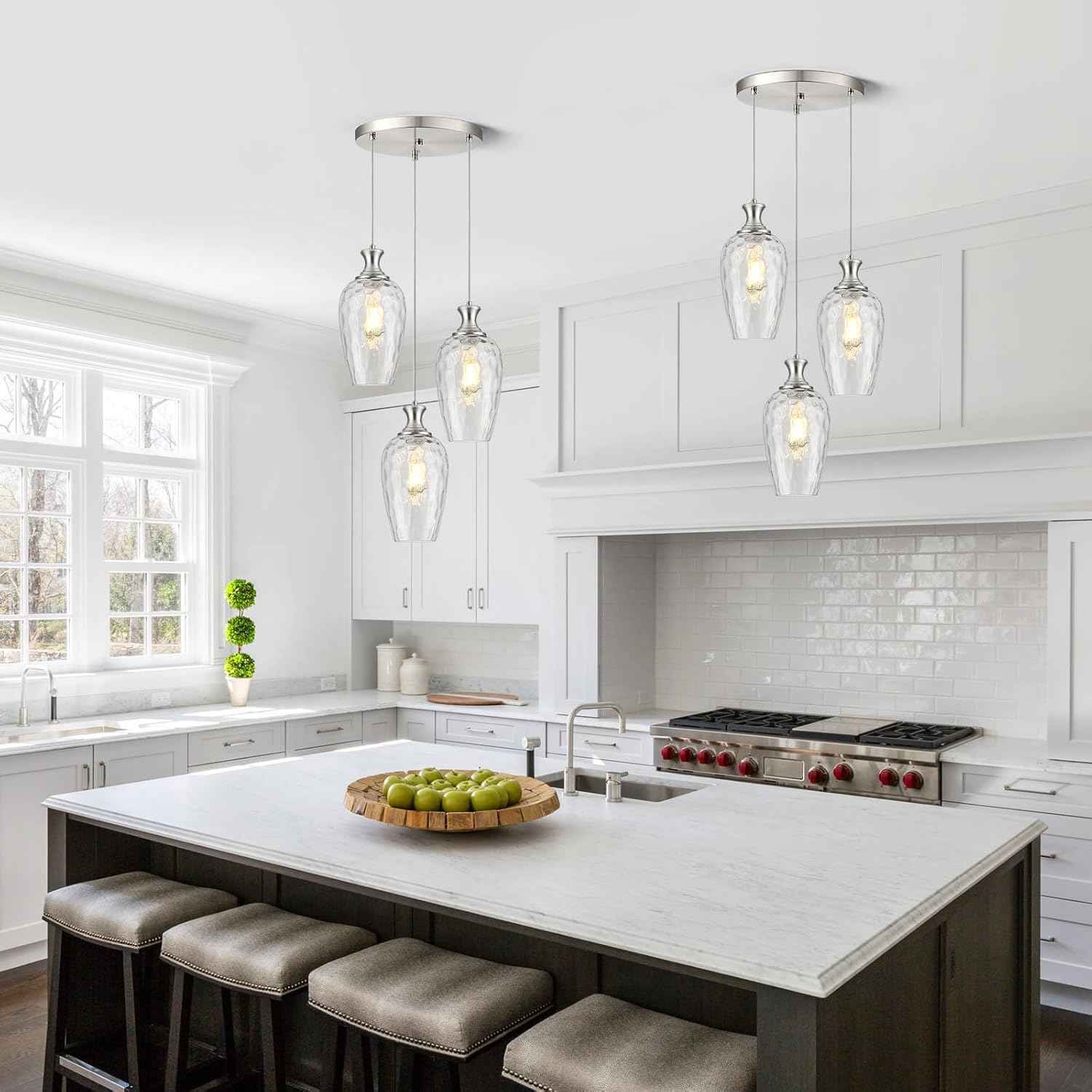 Brushed Nickel Glass Pendant Light Fixture - Modern 1-Light Hanging Lamp for Kitchen Island & Dining Room