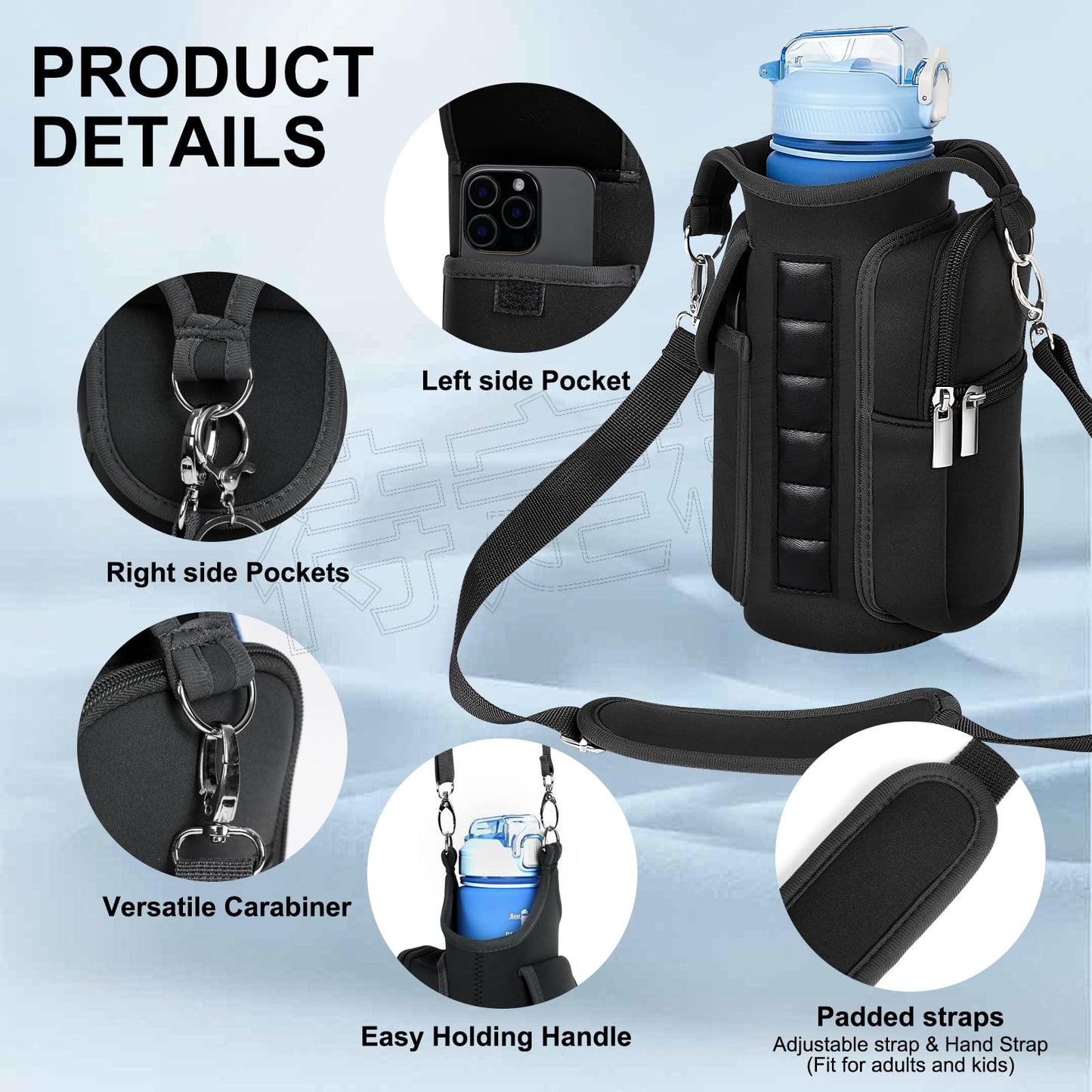 Panmout Magnetic Gym Bag with 27 oz Gym Bottle, Water Bottle Holder Pouch Carrier Bag with Adjustable Strap, Side Pockets, for Outdoor Workout (Black)