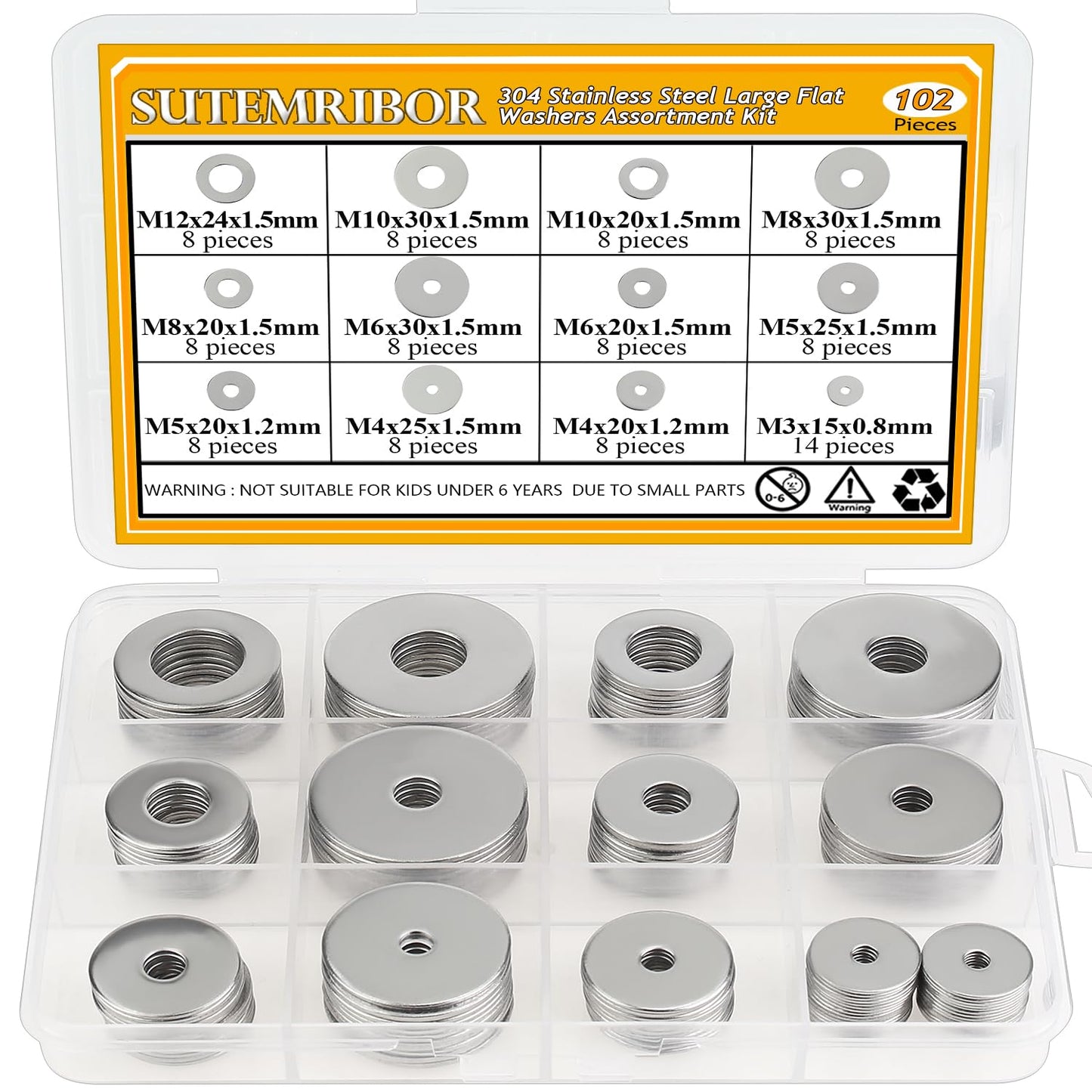 Sutemribor 102 Pieces Stainless Steel Fender Washers, Flat Washers, Metal Washers for Screws Bolts, Fender Washers Assortment Kit, Assorted Washers Set (M3 M4 M5 M6 M8 M10 M12)