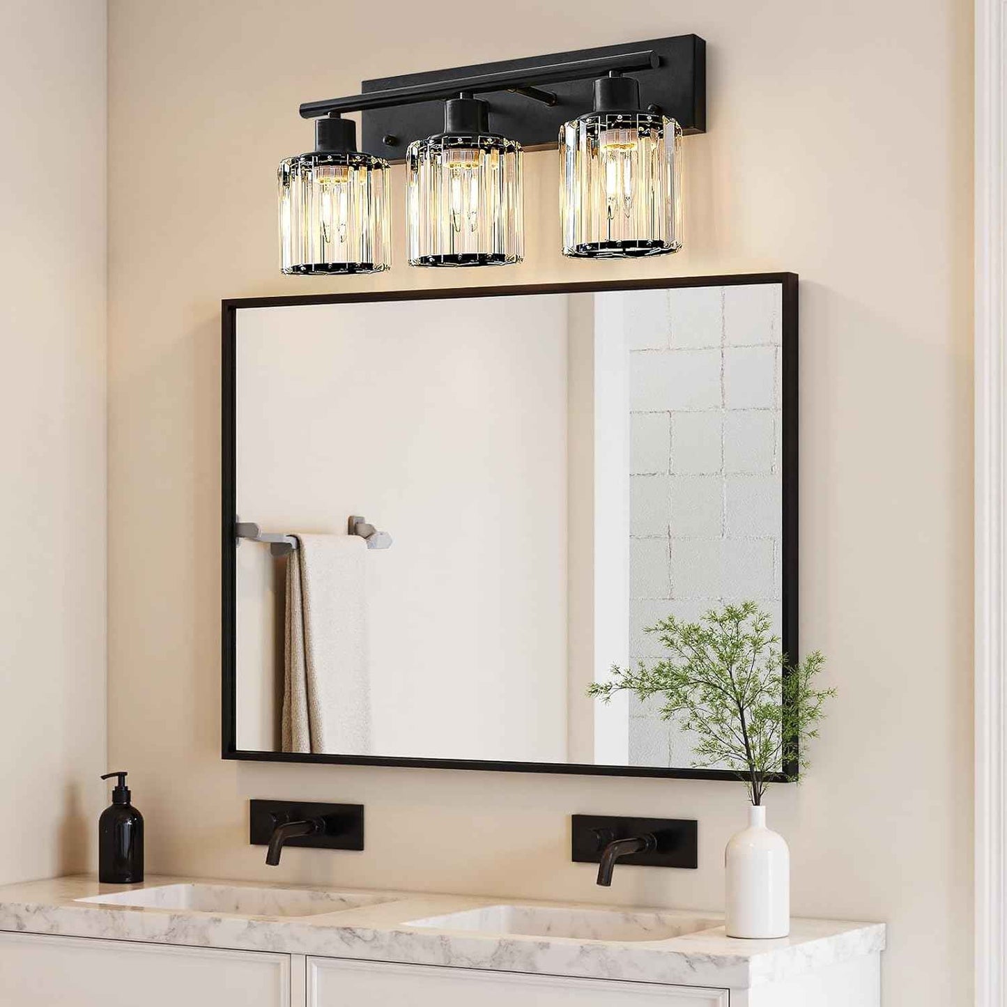 Modern 3-Light Crystal Vanity Light Fixture for Bathroom & Bedroom - Black Finish