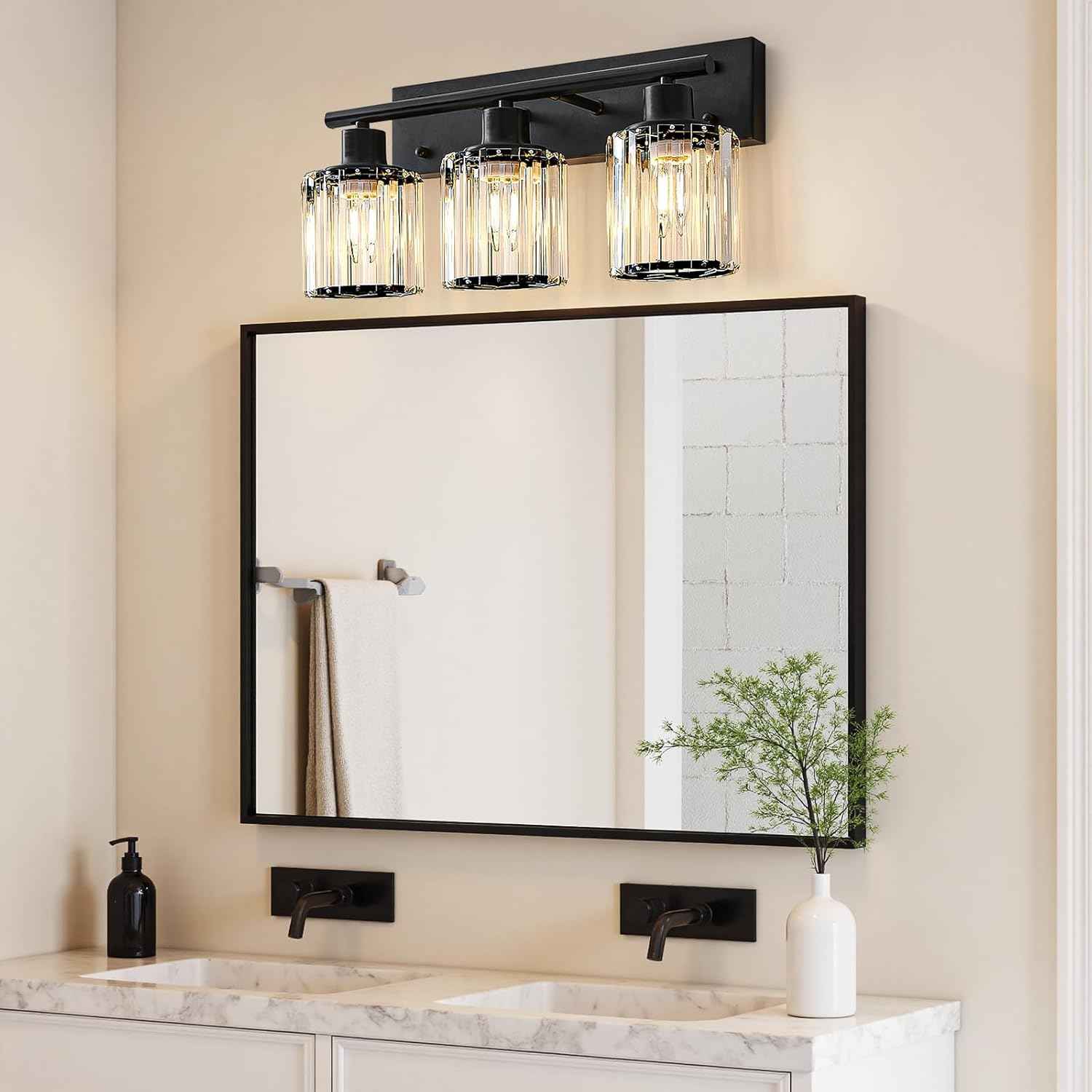 Modern 3-Light Crystal Vanity Light Fixture for Bathroom & Bedroom - Black Finish