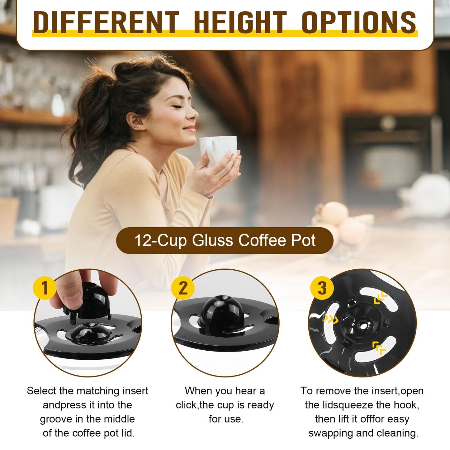 12 Cup Coffee Machine Glass Carafe Replacement for Mr. Coffee - With Heads Three Different Heights, Universal Carafe Coffee Maker Pot Accessory Easy Pour Spout and Comfortable Grip Handle,Black