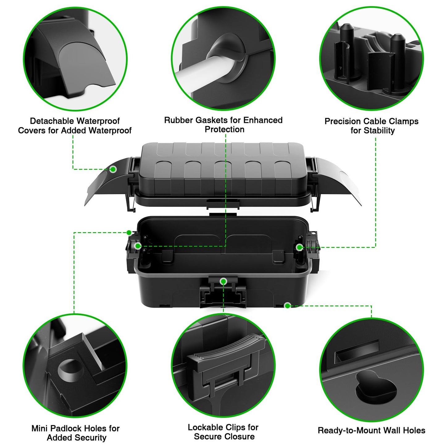 Flemoon Small Outdoor Electrical Box Waterproof w/Detachable Shield Covers, IP55 Extension Cord Cover for Plug, Outlet, Holiday Lights, Weatherproof Connection Box(Inner 5.9 x 3.2 x 1.8inch), Black