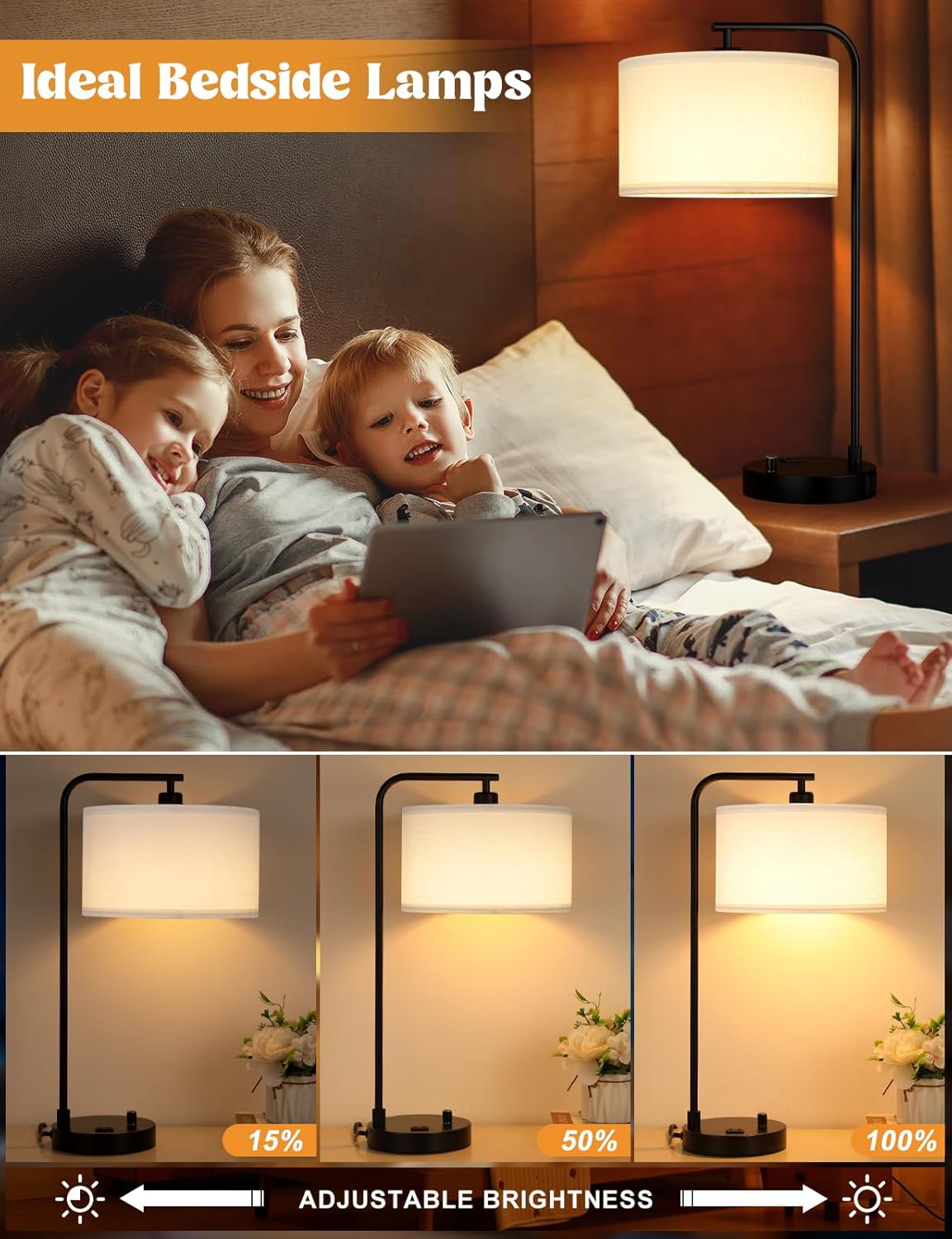 Dimmable Tall Table Lamp with USB Port & Outlet - Linen Shade Bedside Desk Lamp for Bedroom, Living Room, Home Office